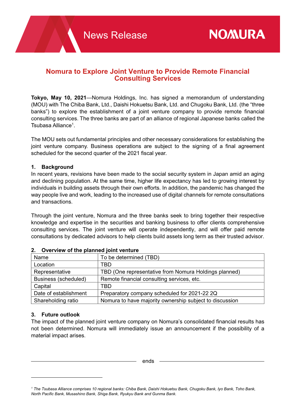 News Release Nomura Holdings Nomura to Explore Joint Venture To