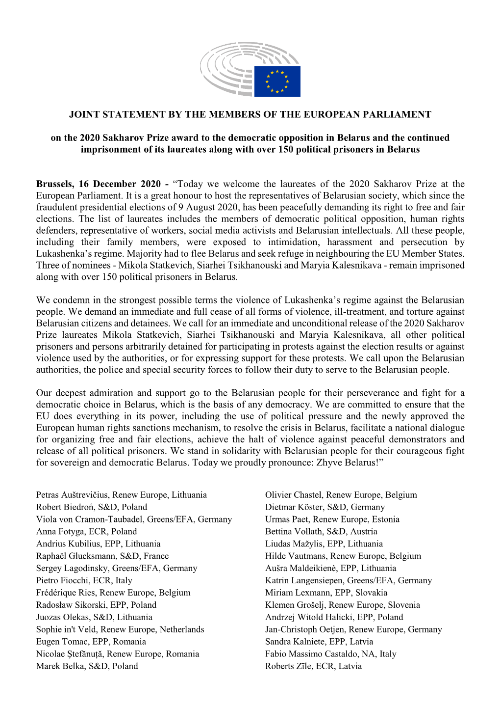 Joint Statement by the Members of the European Parliament
