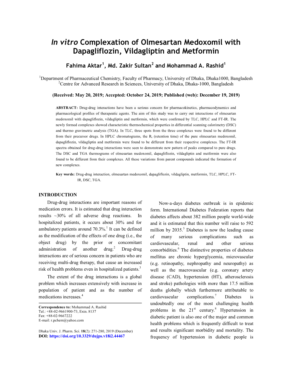In Vitro Complexation of Olmesartan Medoxomil with Dapagliflozin, Vildagliptin and Metformin