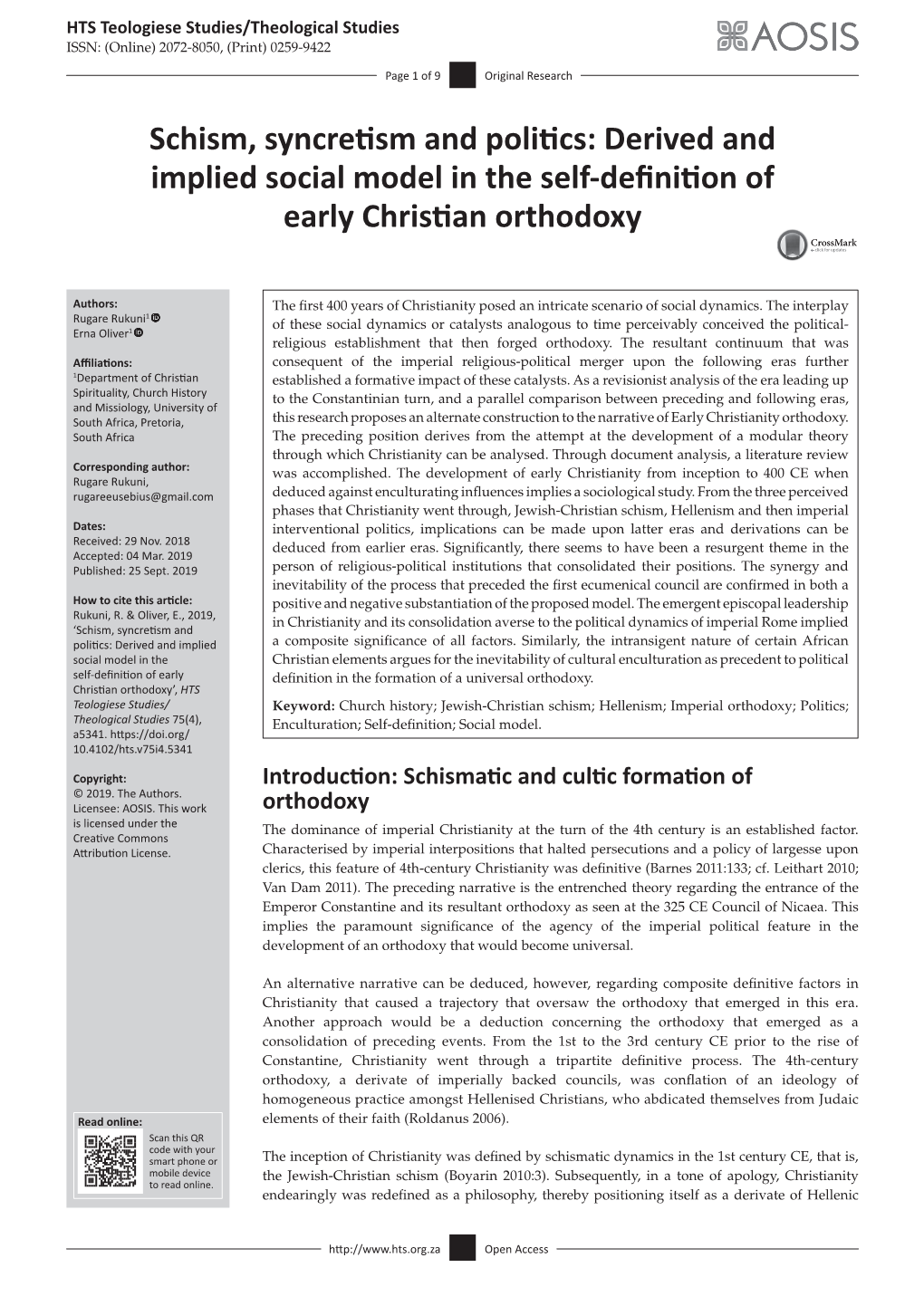 Schism, Syncretism and Politics: Derived and Implied Social Model in the Self-Definition of Early Christian Orthodoxy