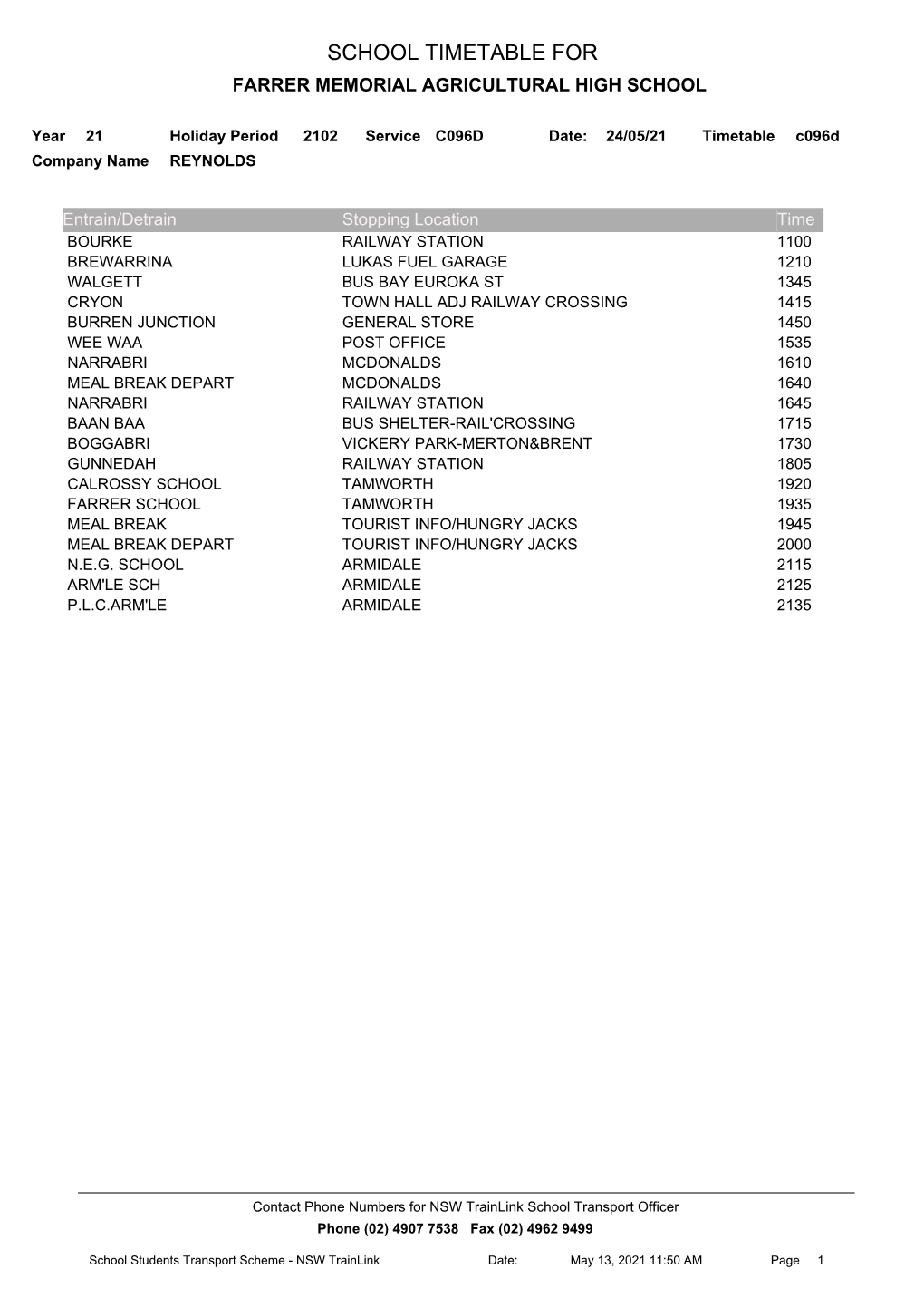 School Timetable for Farrer Memorial Agricultural High School