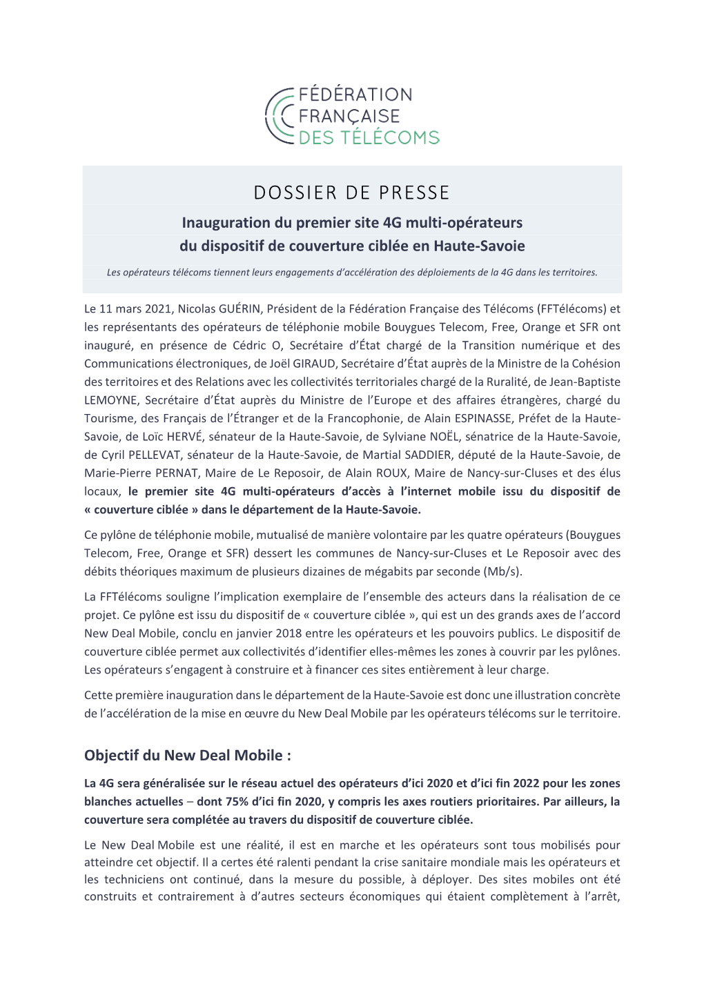 DOSSIER DE PRESSE Inauguration Du Premier Site 4G Multi-Opérateurs Du Dispositif De Couverture Ciblée En Haute-Savoie