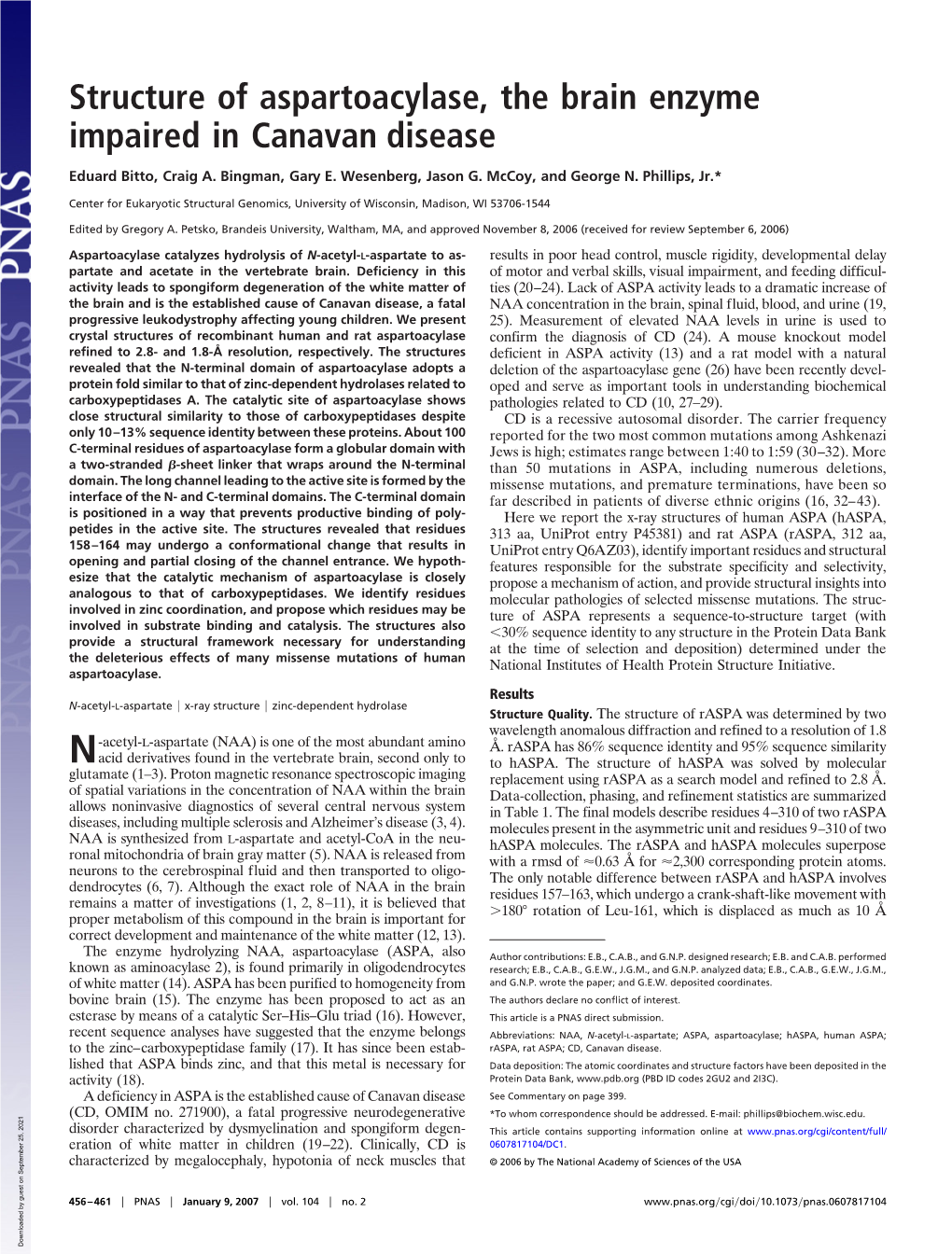 Structure of Aspartoacylase, the Brain Enzyme Impaired in Canavan Disease