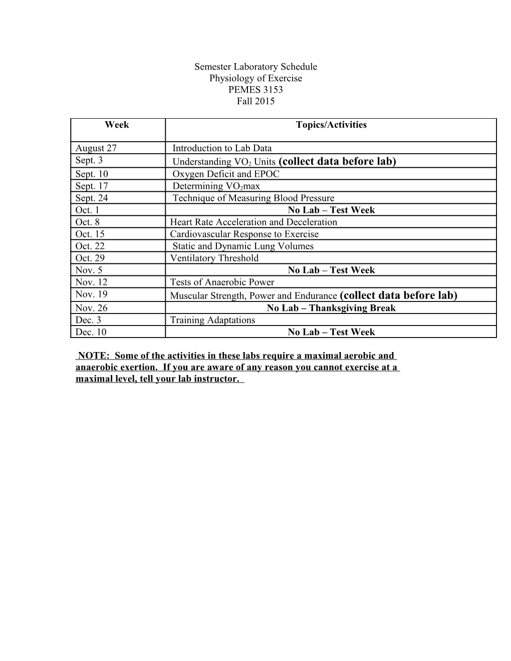 Semester Laboratory Schedule