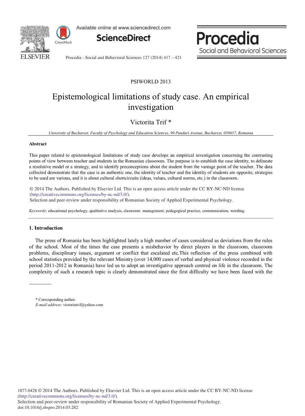Epistemological Limitations of Study Case. an Empirical Investigation
