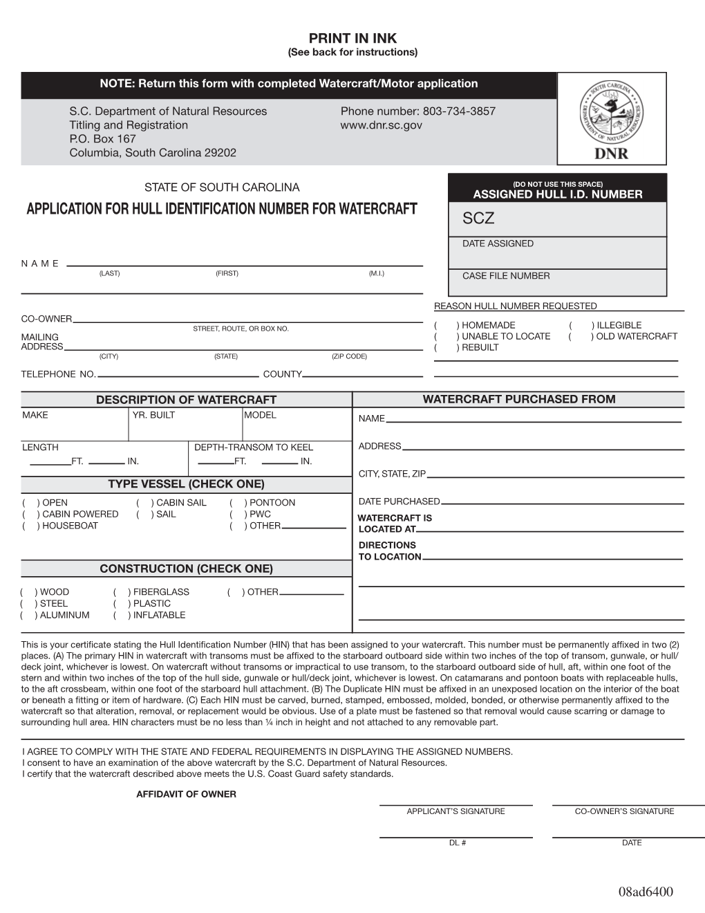 Application for Hull Identification Number for Watercraft Scz