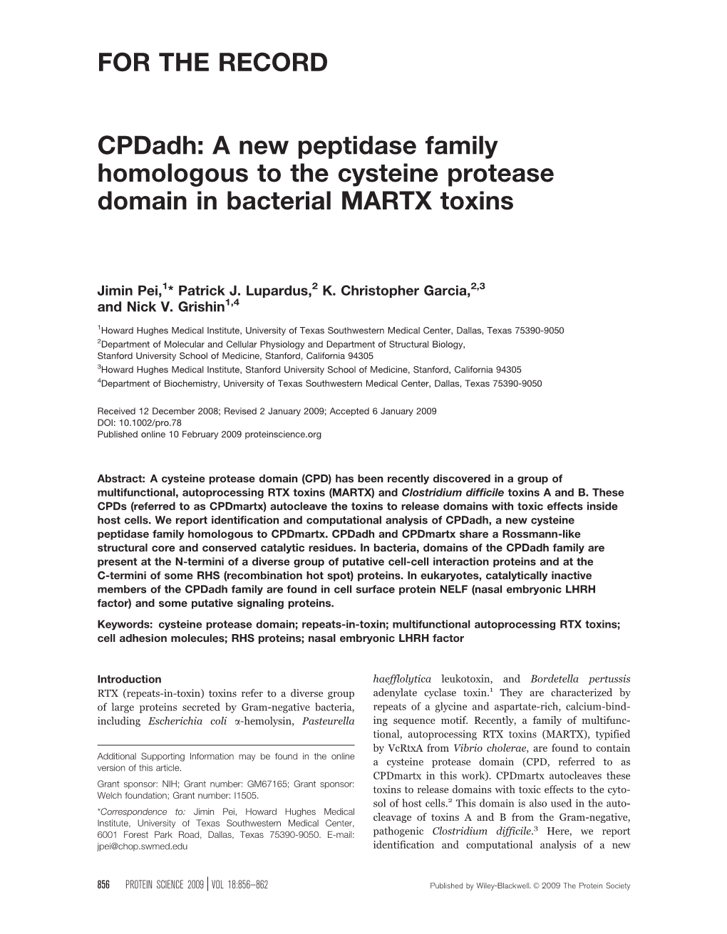 Cpdadh: a New Peptidase Family Homologous to the Cysteine Protease Domain in Bacterial MARTX Toxins