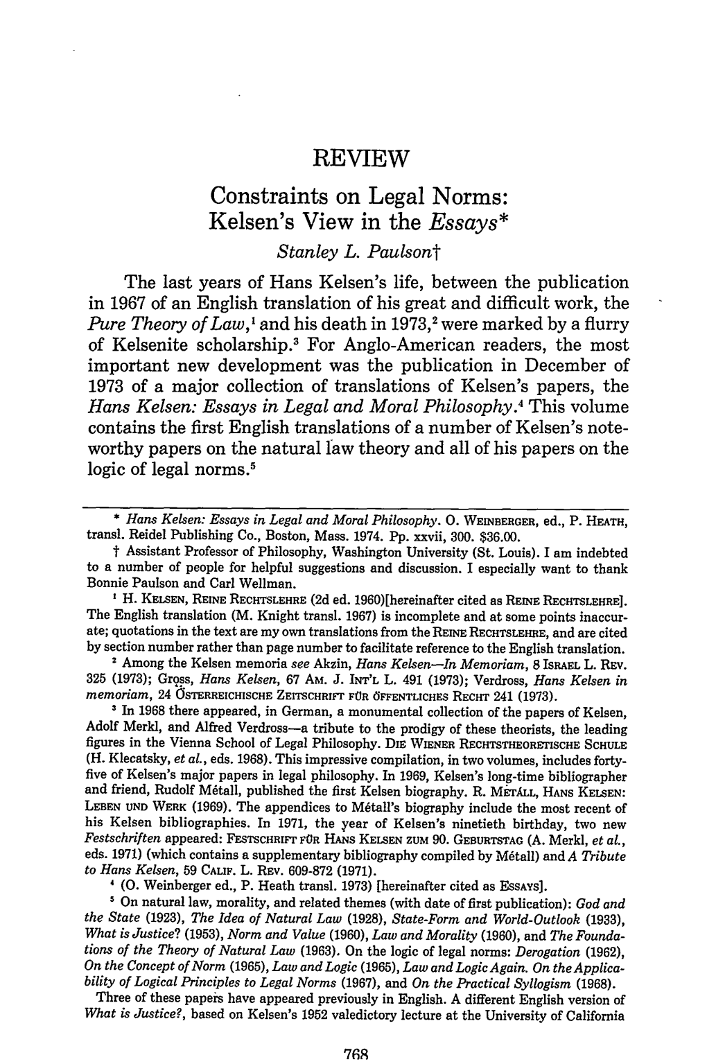 REVIEW Constraints on Legal Norms: Kelsen's View in the Essays* Stanley L