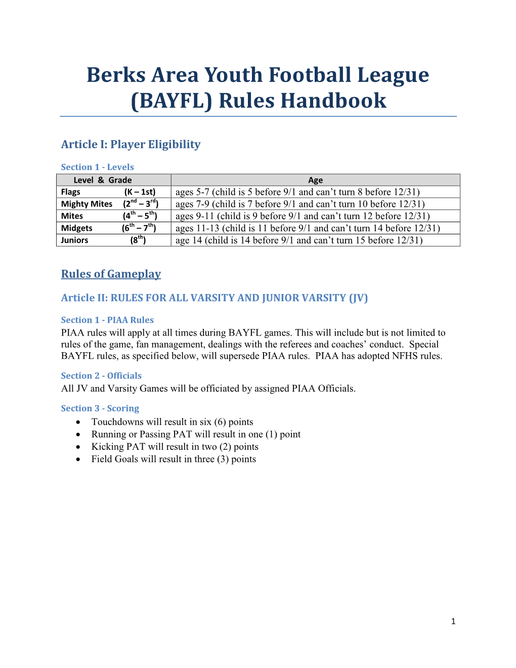 Berks Area Youth Football League (BAYFL) Rules Handbook