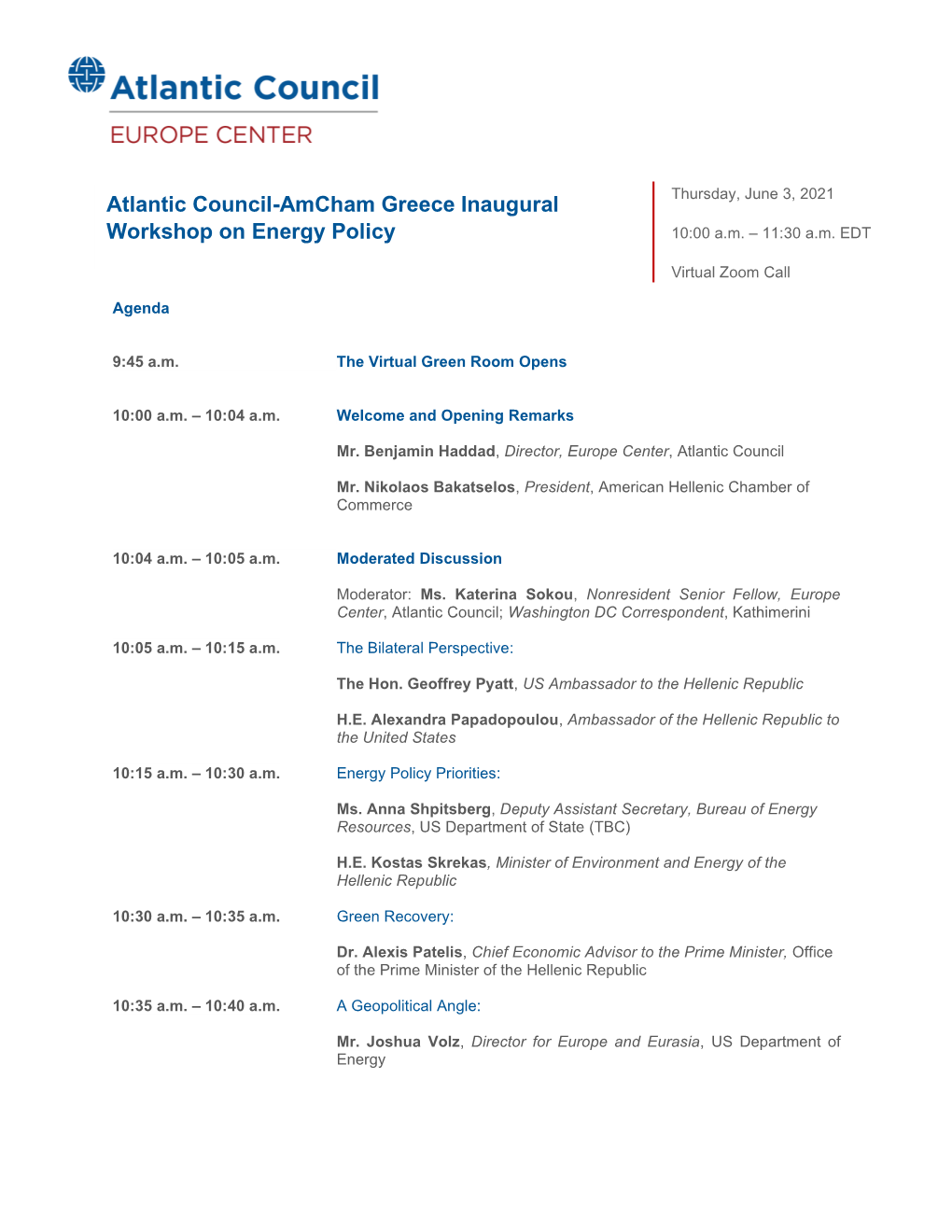 Atlantic Council-Amcham Greece Inaugural Workshop on Energy Policy