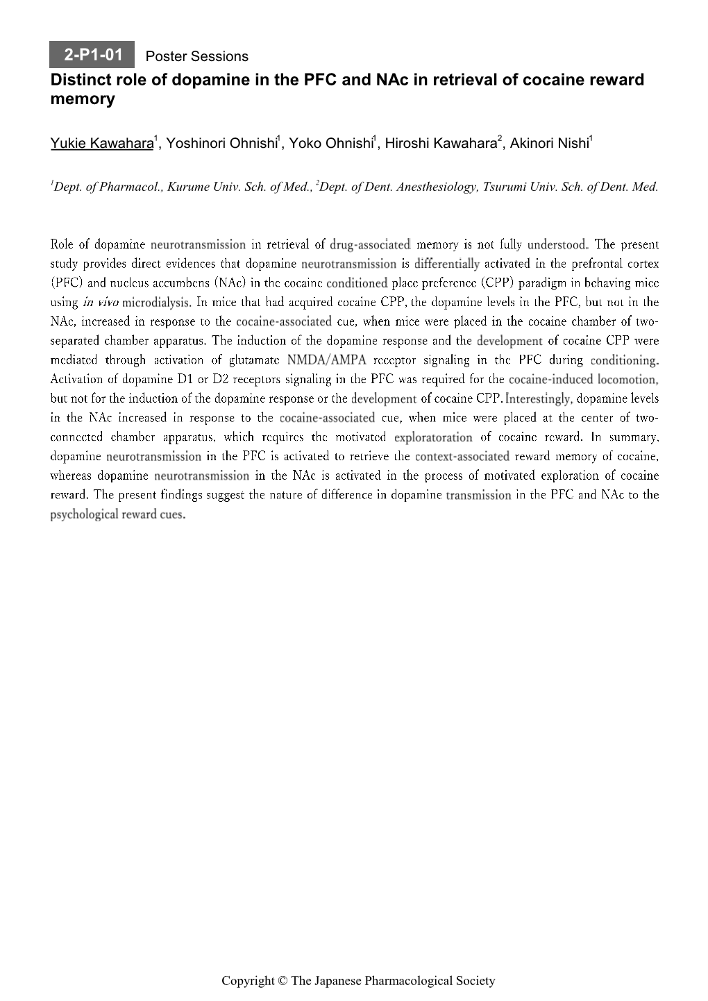 2-P1-01 Distinct Role of Dopamine in the PFC and Nac in Retrieval Of