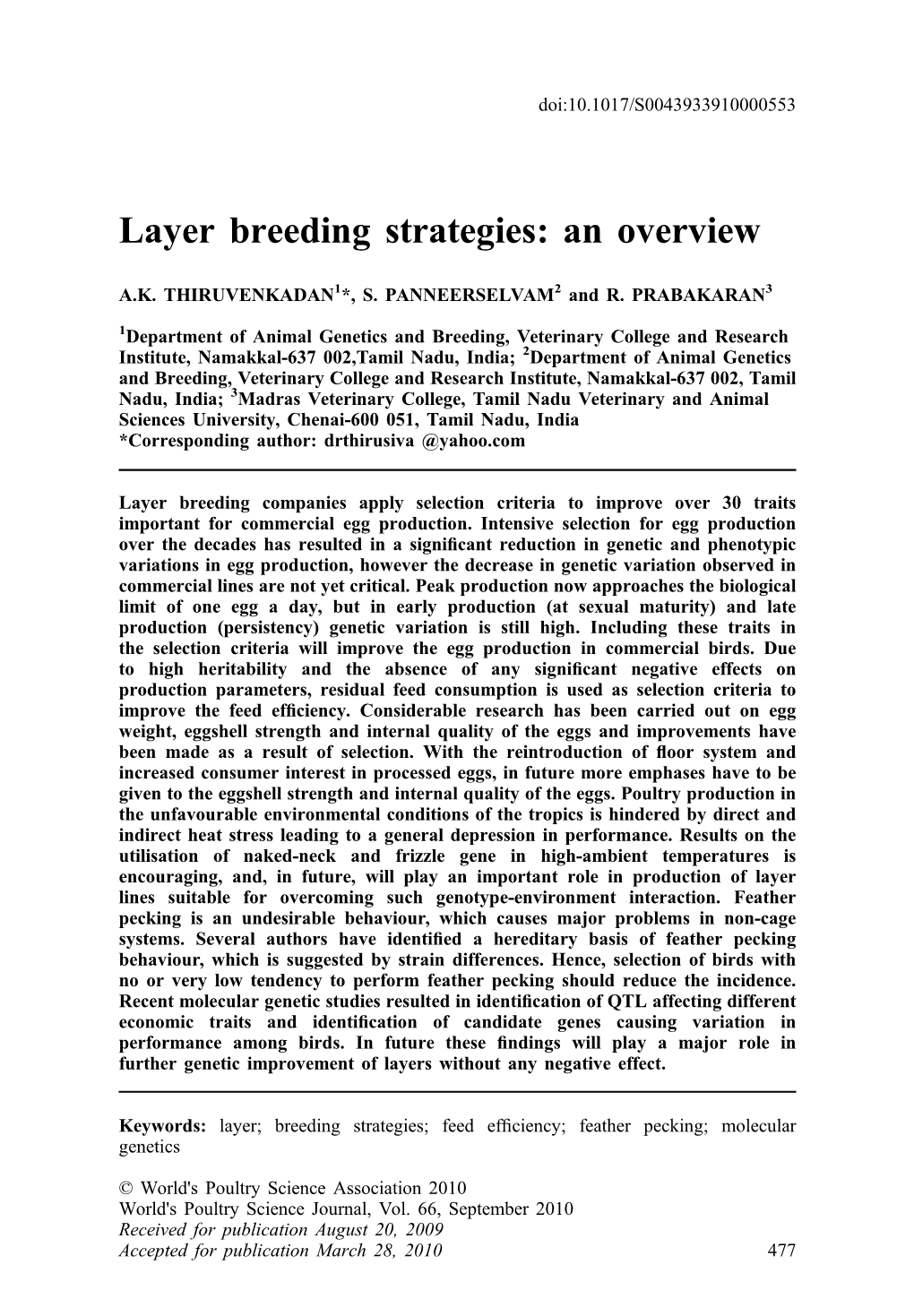 Layer Breeding Strategies: an Overview