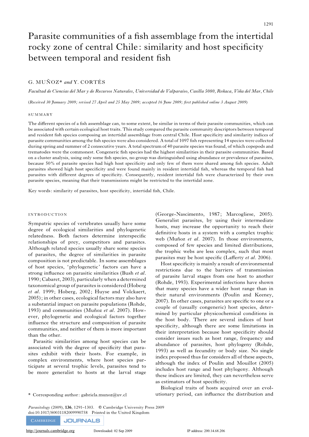 Parasite Communities of a Fish Assemblage from the Intertidal Rocky Zone of Central Chile: Similarity and Host Specificity Betwe