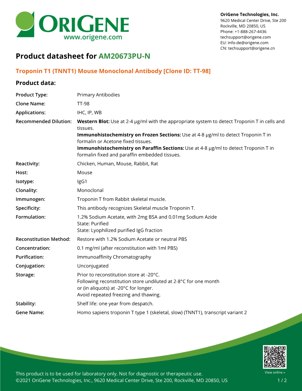 Troponin T1 (TNNT1) Mouse Monoclonal Antibody [Clone ID: TT-98] Product Data