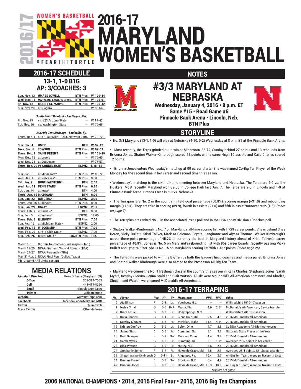 MARYLAND WOMEN’S BASKETBALL 2016-17 SCHEDULE NOTES 13-1, 1-0 B1G AP: 3/COACHES: 3 #3/3 MARYLAND at Sun