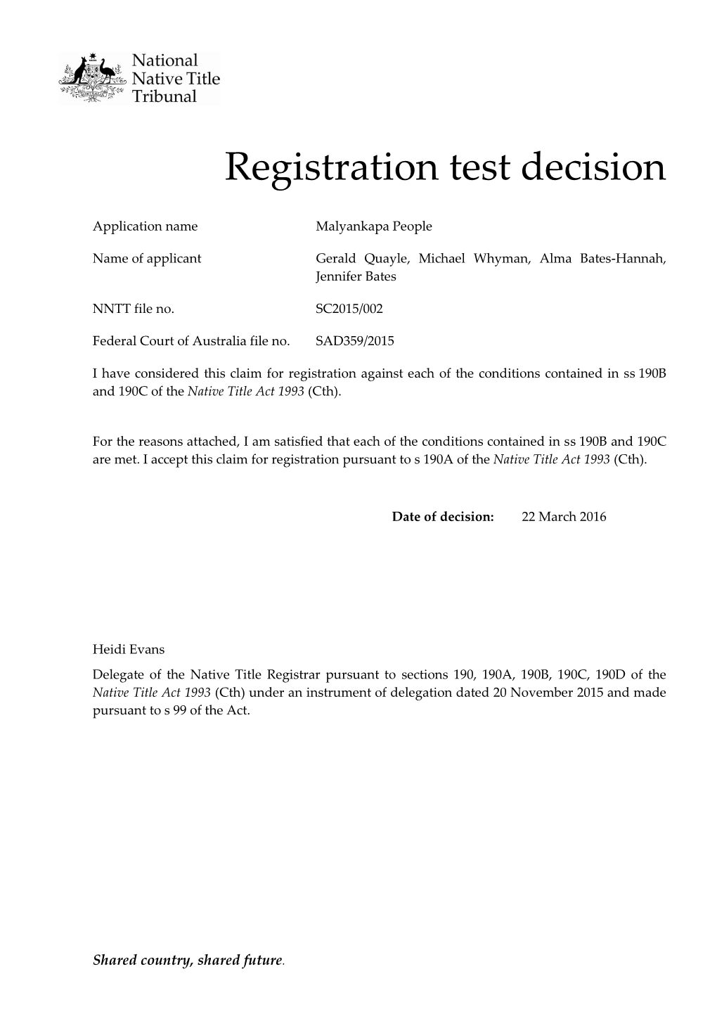 Registration Test Decision