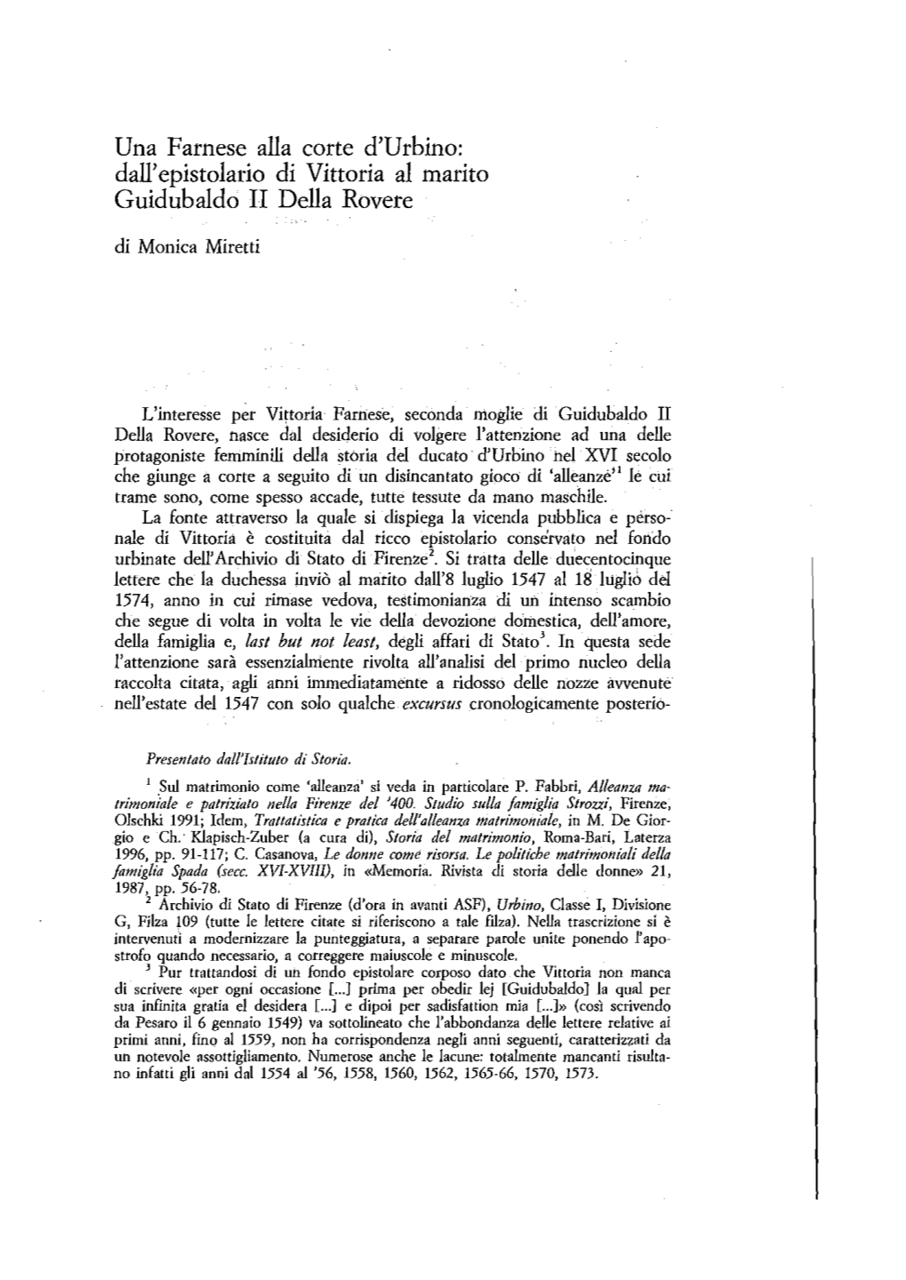 Una Farnese Alla Corte D'urbino: Dall'epistolario Di Vittoria Al Marito Guidubaldo II Della Rovere