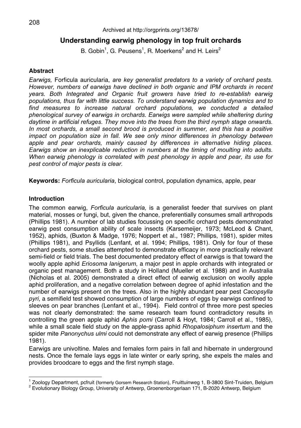 Understanding Earwig Phenology in Top Fruit Orchards B