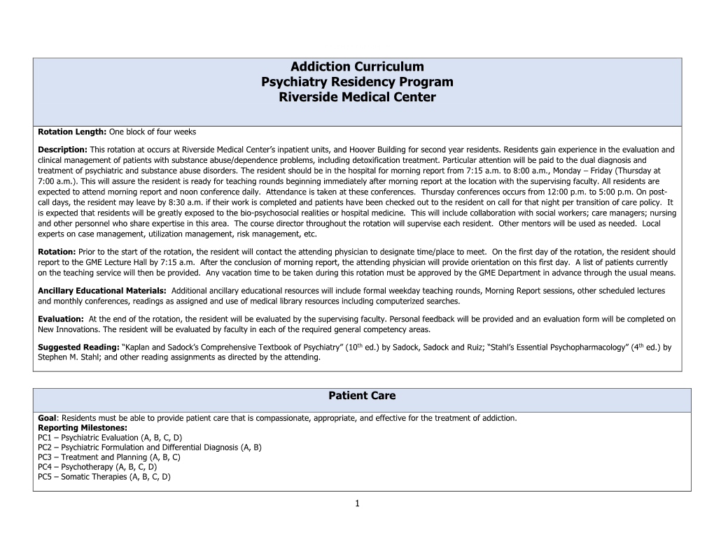 Curriculum Addiction Curriculum Psychiatry Residency Program Riverside Medical Center