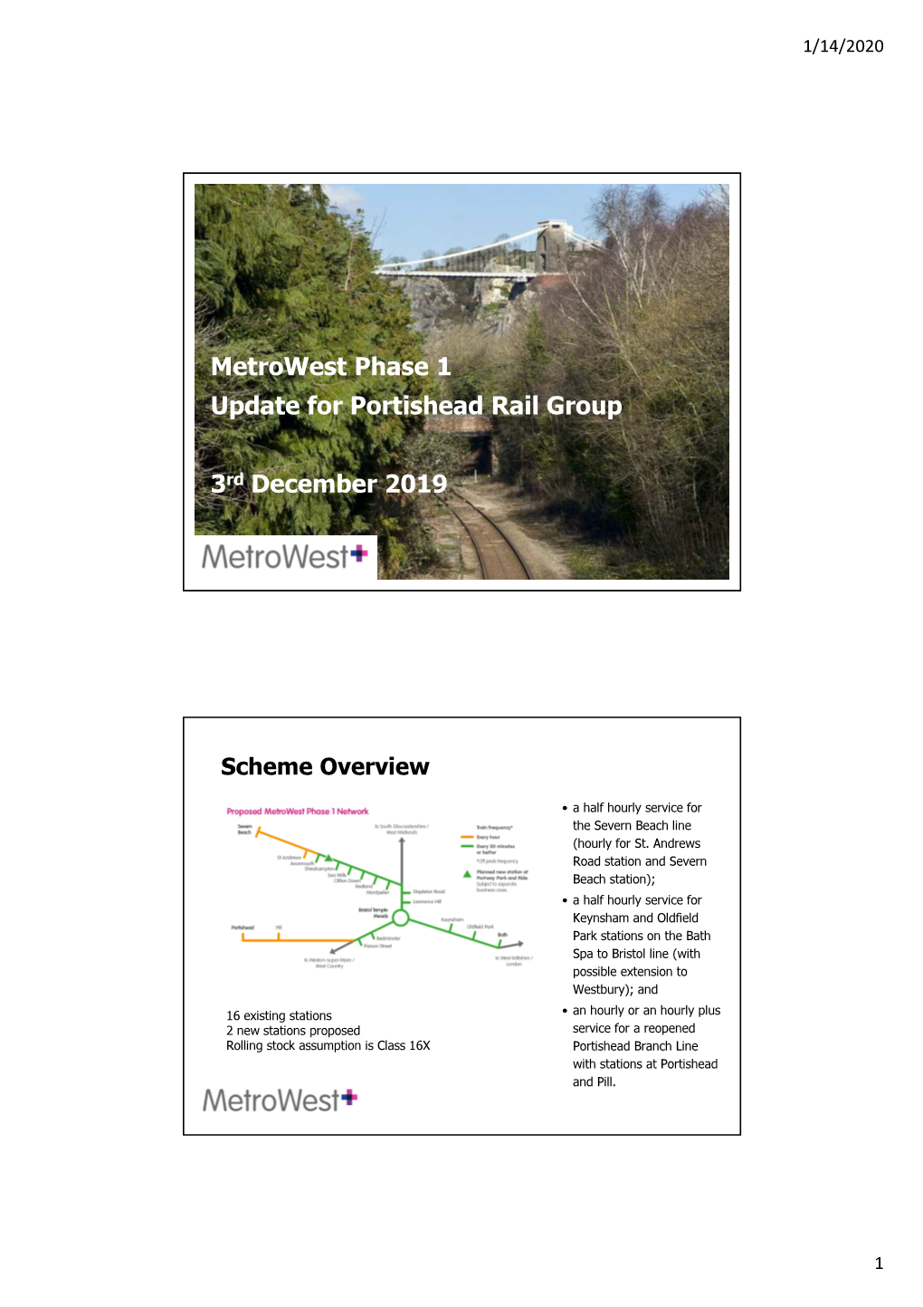 Metrowest Phase 1 Update for Portishead Rail Group 3Rd December 2019