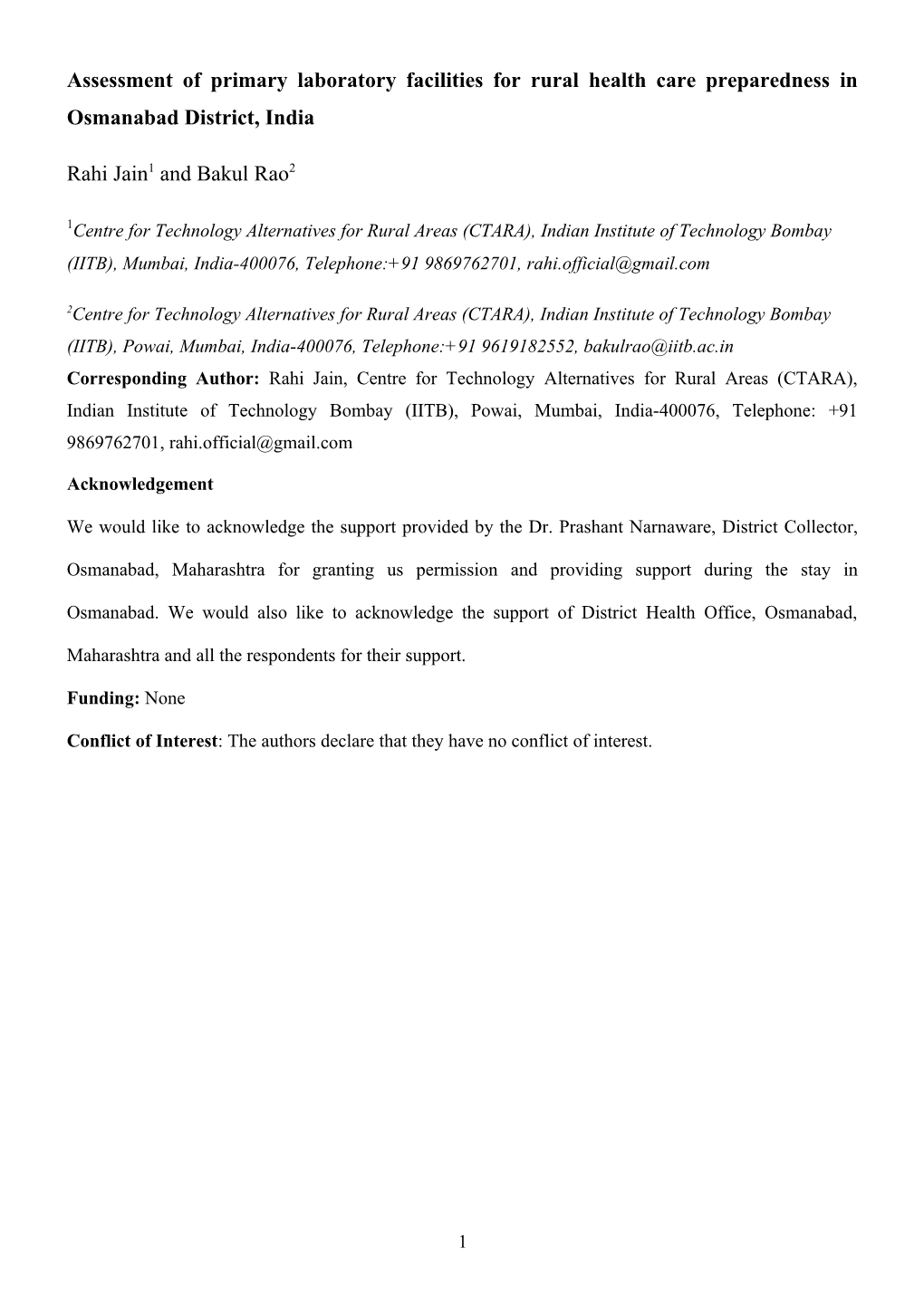 Assessment of Primary Laboratory Facilities for Rural Health Care Preparedness in Osmanabad District, India