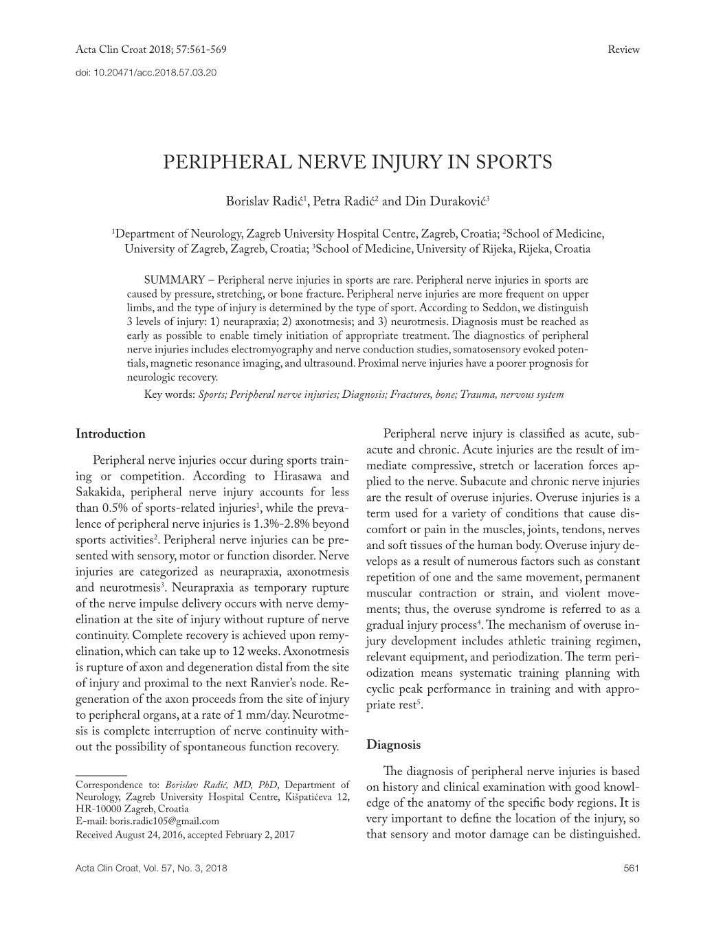 Peripheral Nerve Injury in Sports
