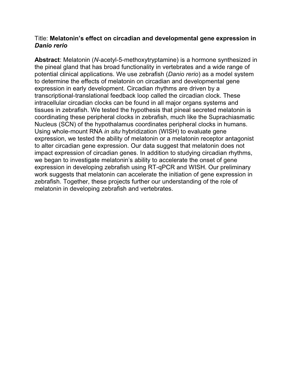 Title: Melatonin S Effect on Circadian and Developmental Gene Expression in Danio Rerio