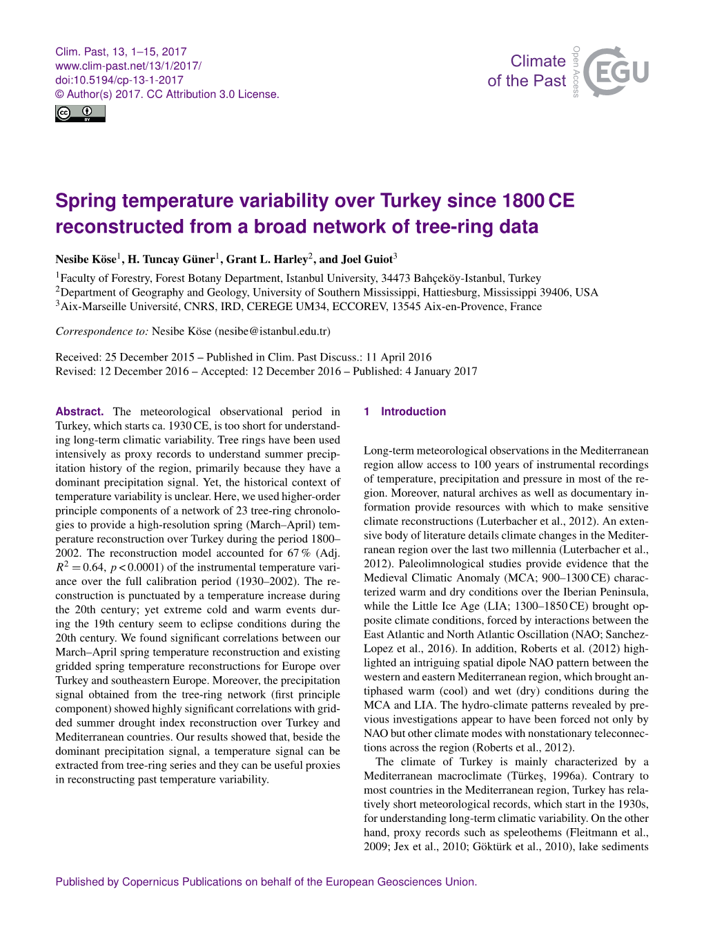Spring Temperature Variability Over Turkey Since 1800 CE Reconstructed from a Broad Network of Tree-Ring Data