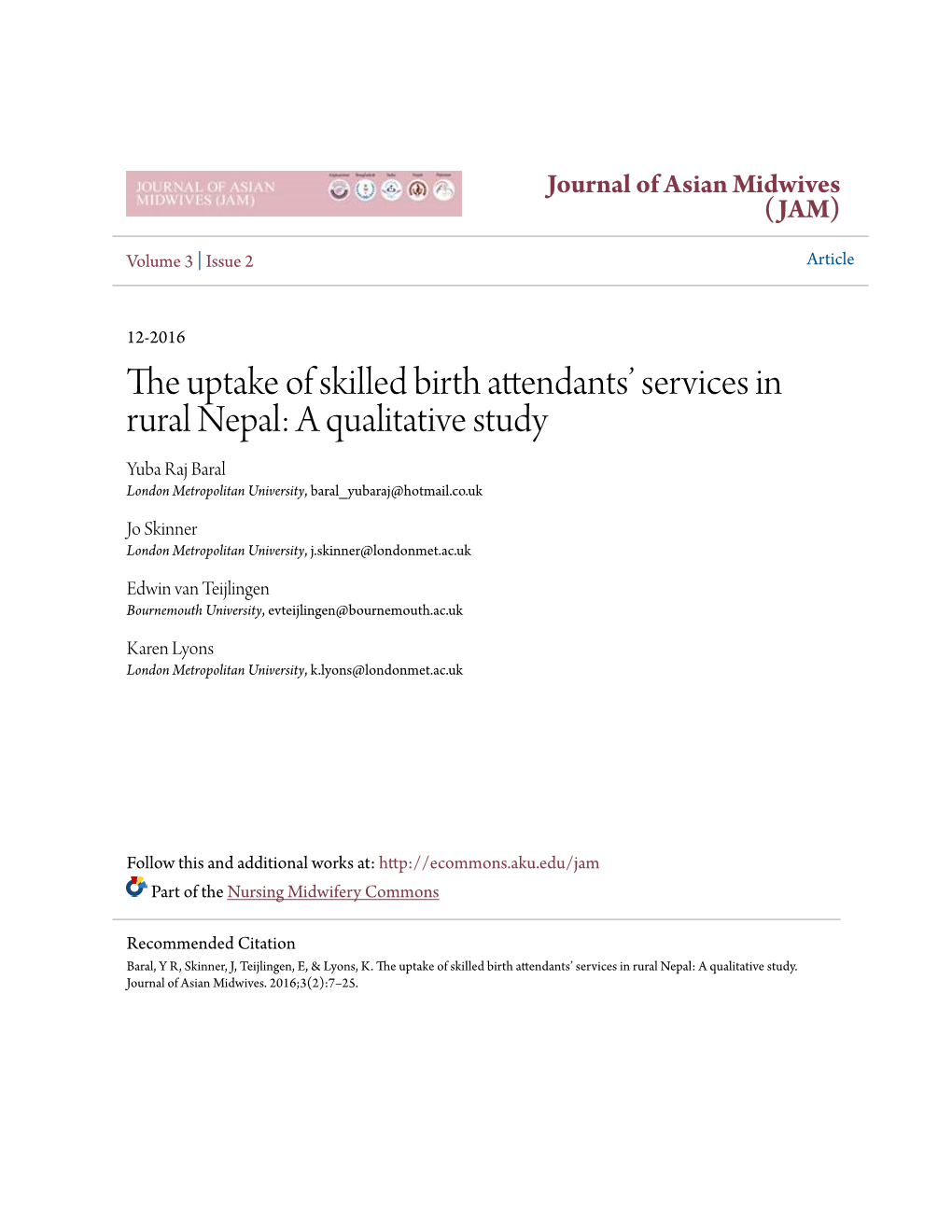 The Uptake of Skilled Birth Attendants' Services in Rural Nepal: a Qualitative