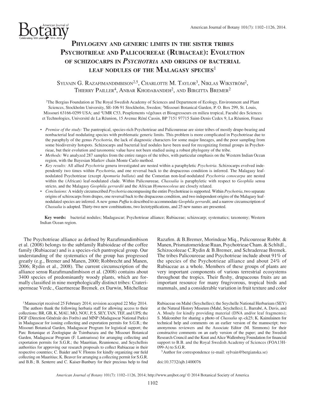 1102 the Psychotrieae Alliance As Defined by Razafimandimbison Et Al