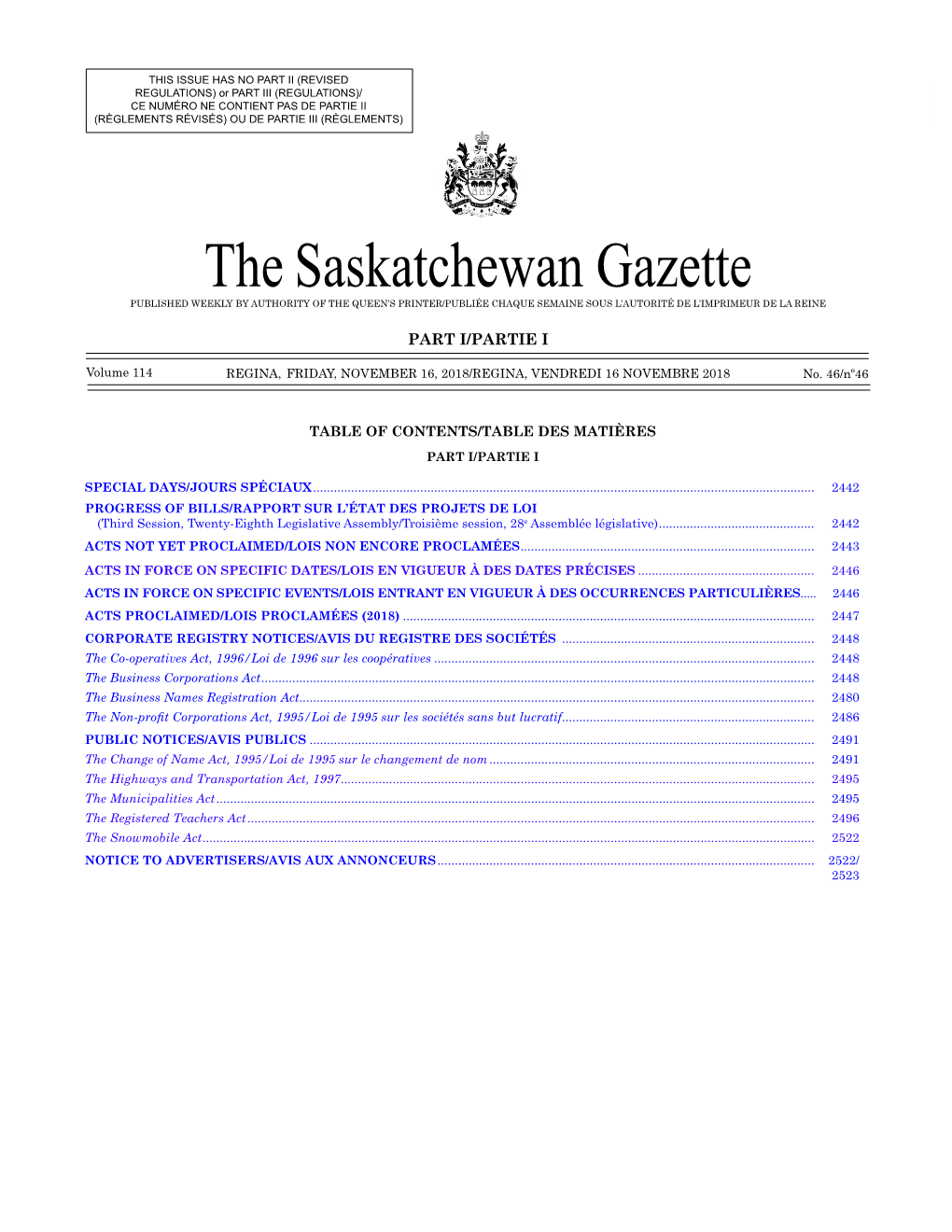 Gazette Part I, November 16, 2018