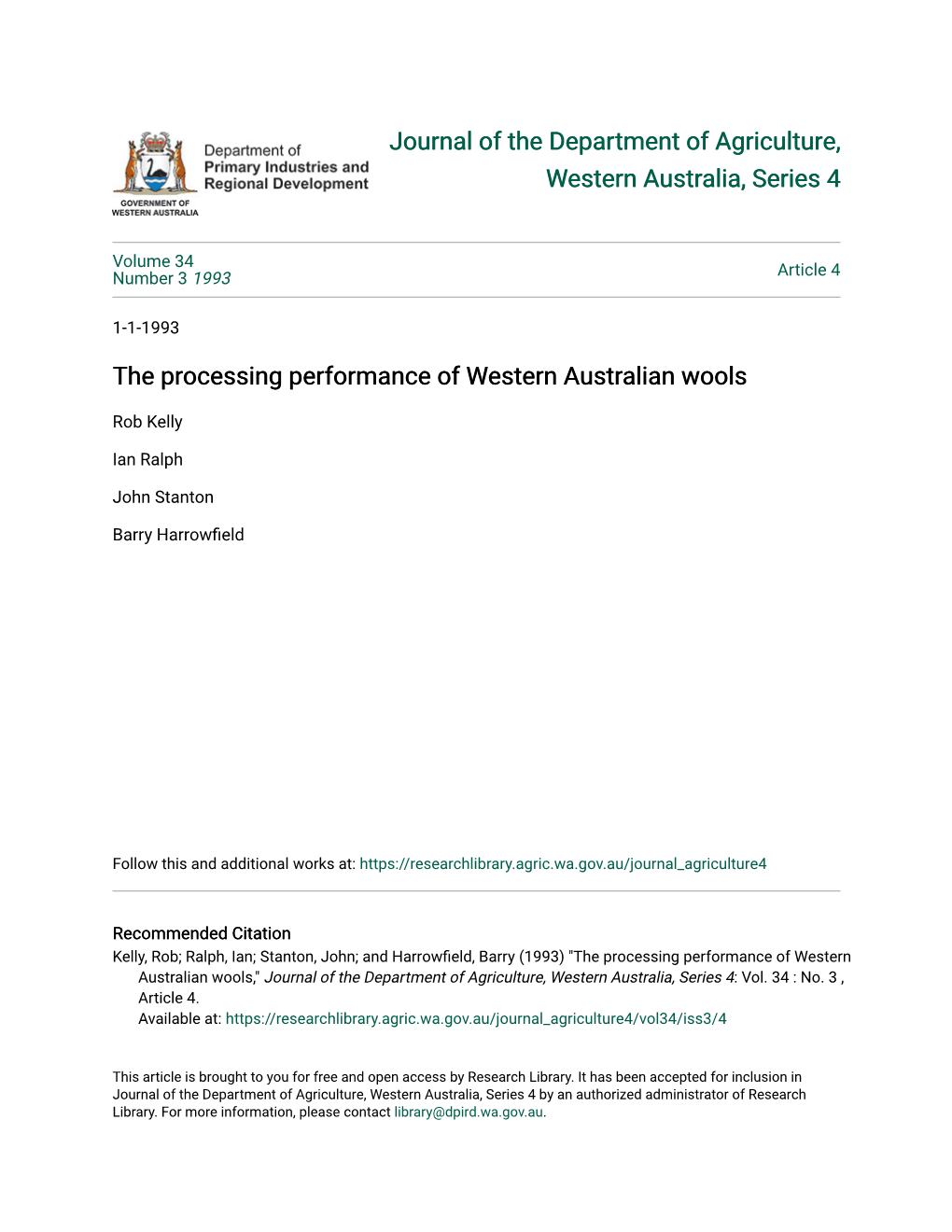 The Processing Performance of Western Australian Wools