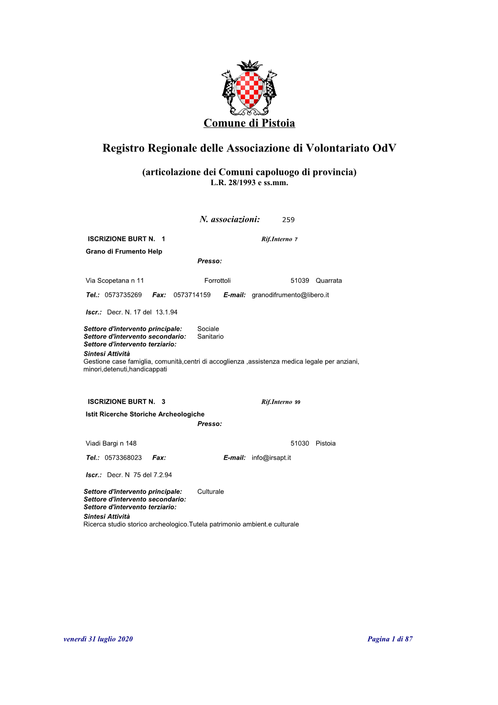 Comune Di Pistoia Registro Regionale Delle Associazione Di Volontariato