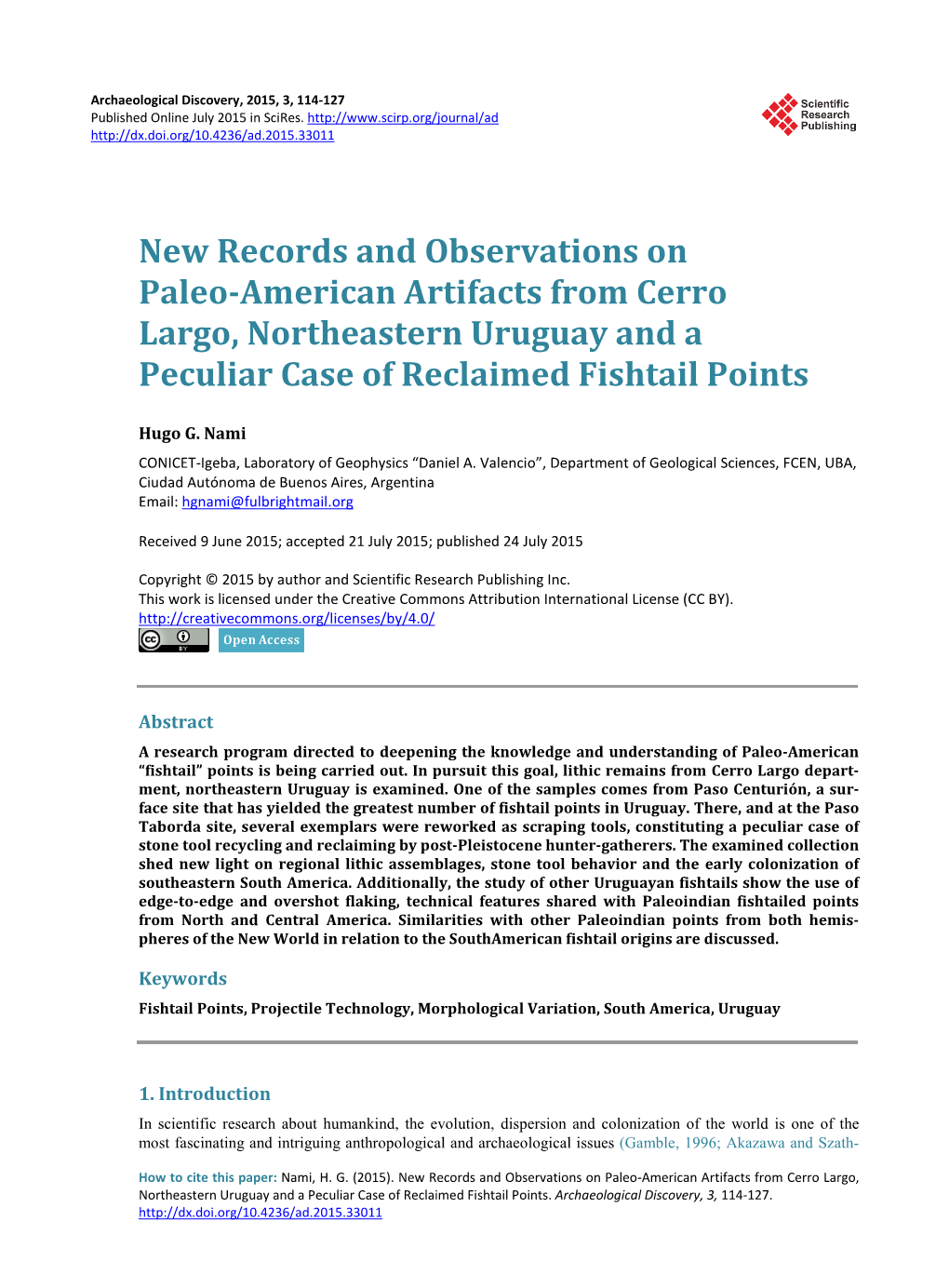 New Records and Observations on Paleo-American Artifacts from Cerro Largo, Northeastern Uruguay and a Peculiar Case of Reclaimed Fishtail Points