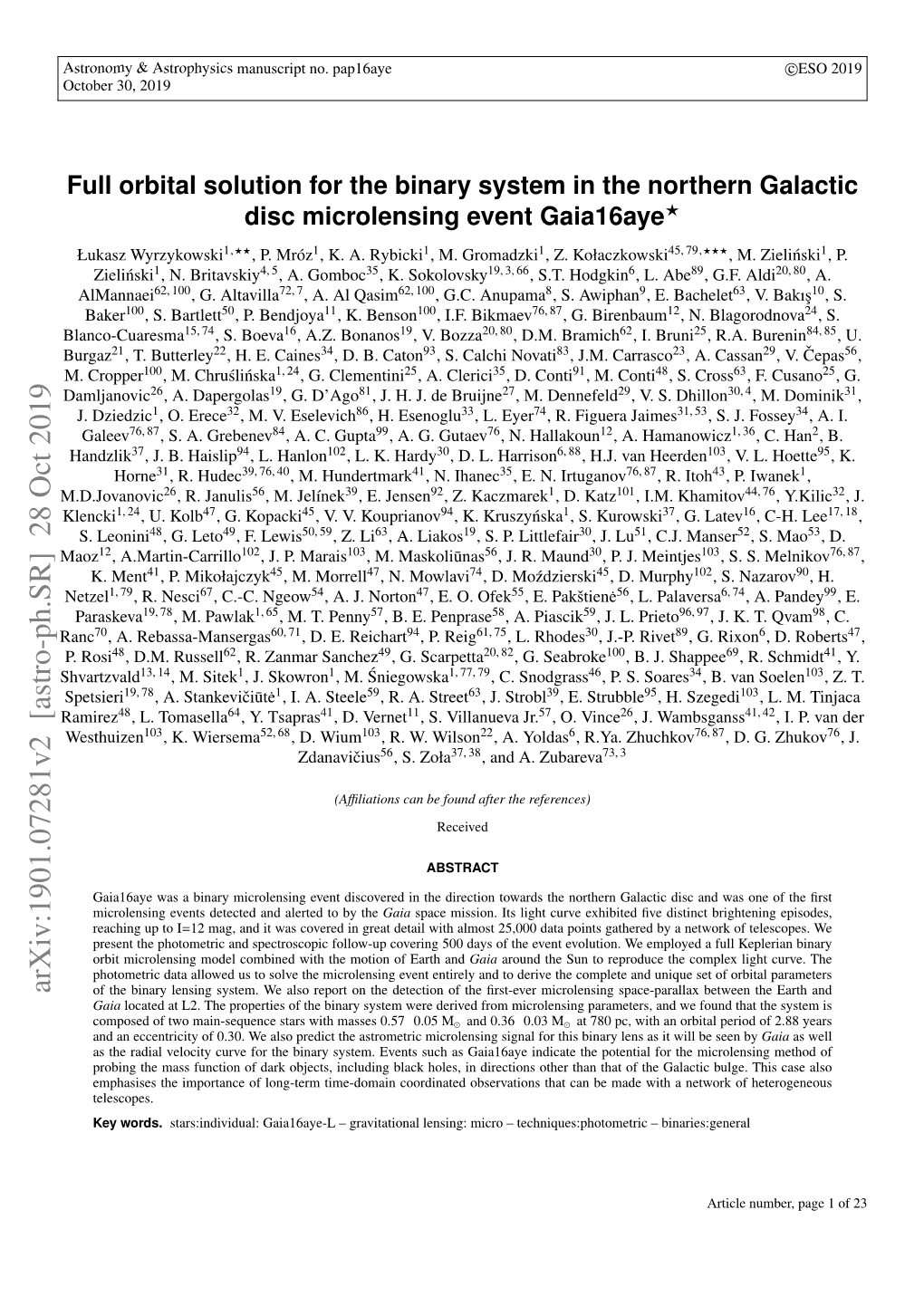 Full Orbital Solution for the Binary System in the Northern Galactic Disc Microlensing Event Gaia16aye? Łukasz Wyrzykowski1,??, P