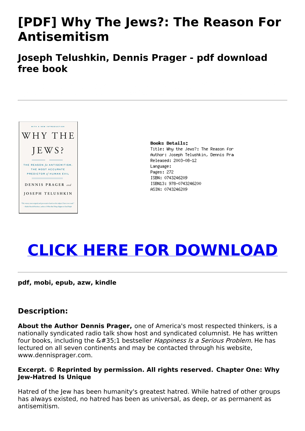 [PDF] Why the Jews?: the Reason for Antisemitism