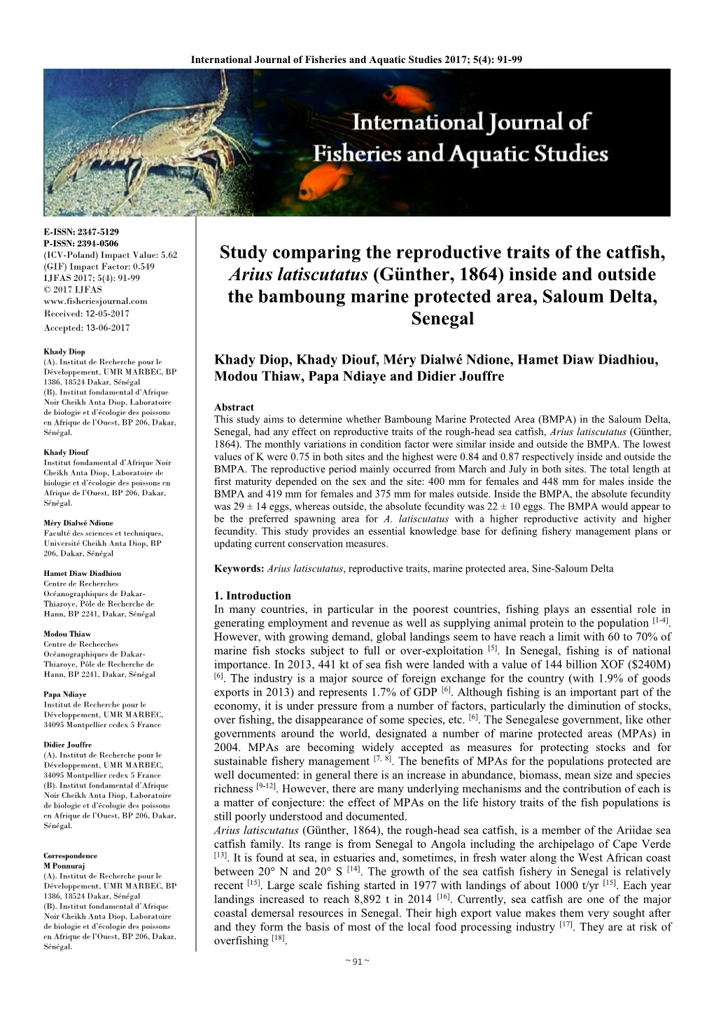 Study Comparing the Reproductive Traits of the Catfish, Arius Latiscutatus