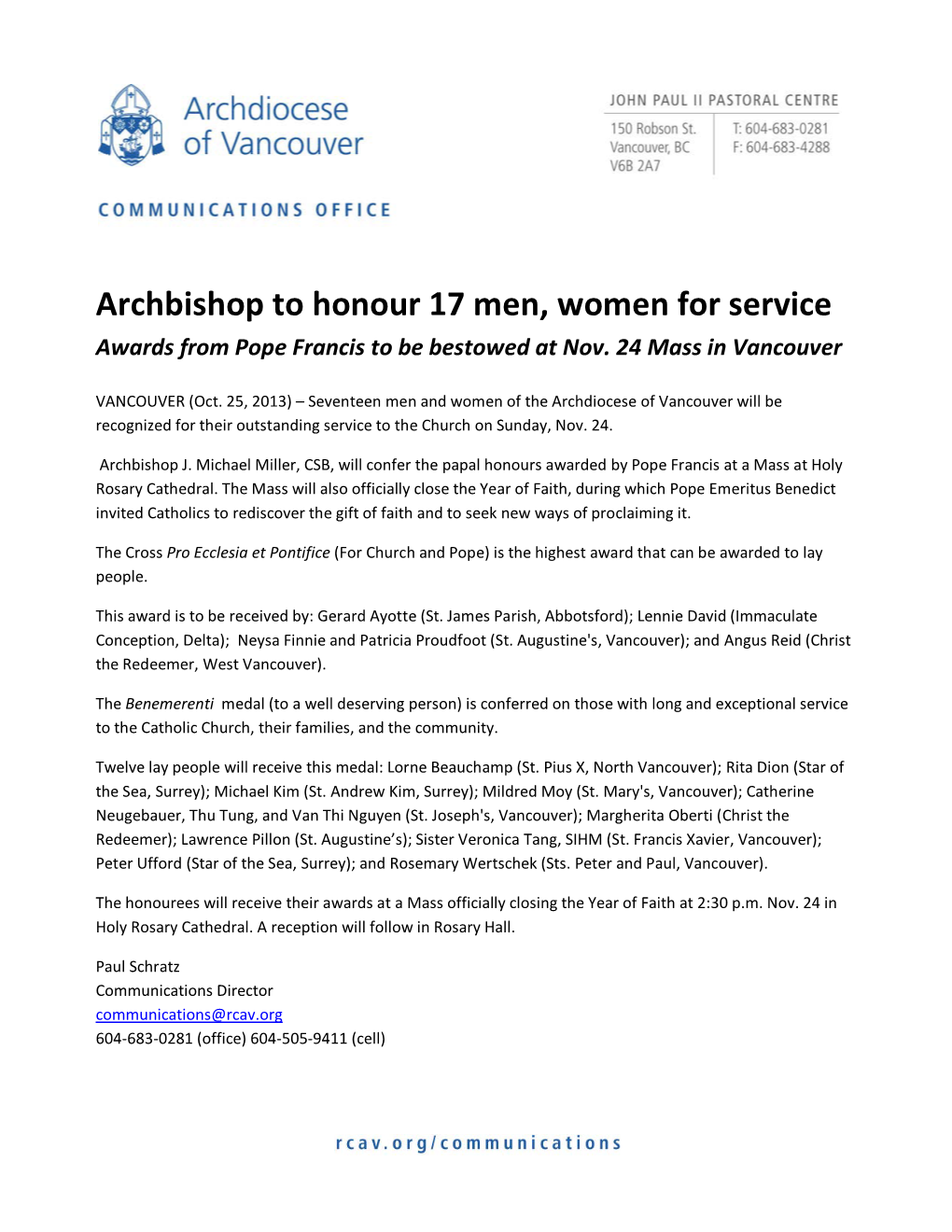 17 Men and Women Are Honoured for Service to the Catholic Church