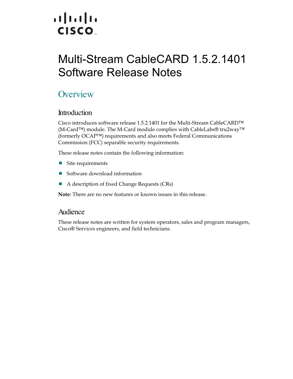 Multi-Stream Cablecard 1.5.2.1401 Software Release Notes