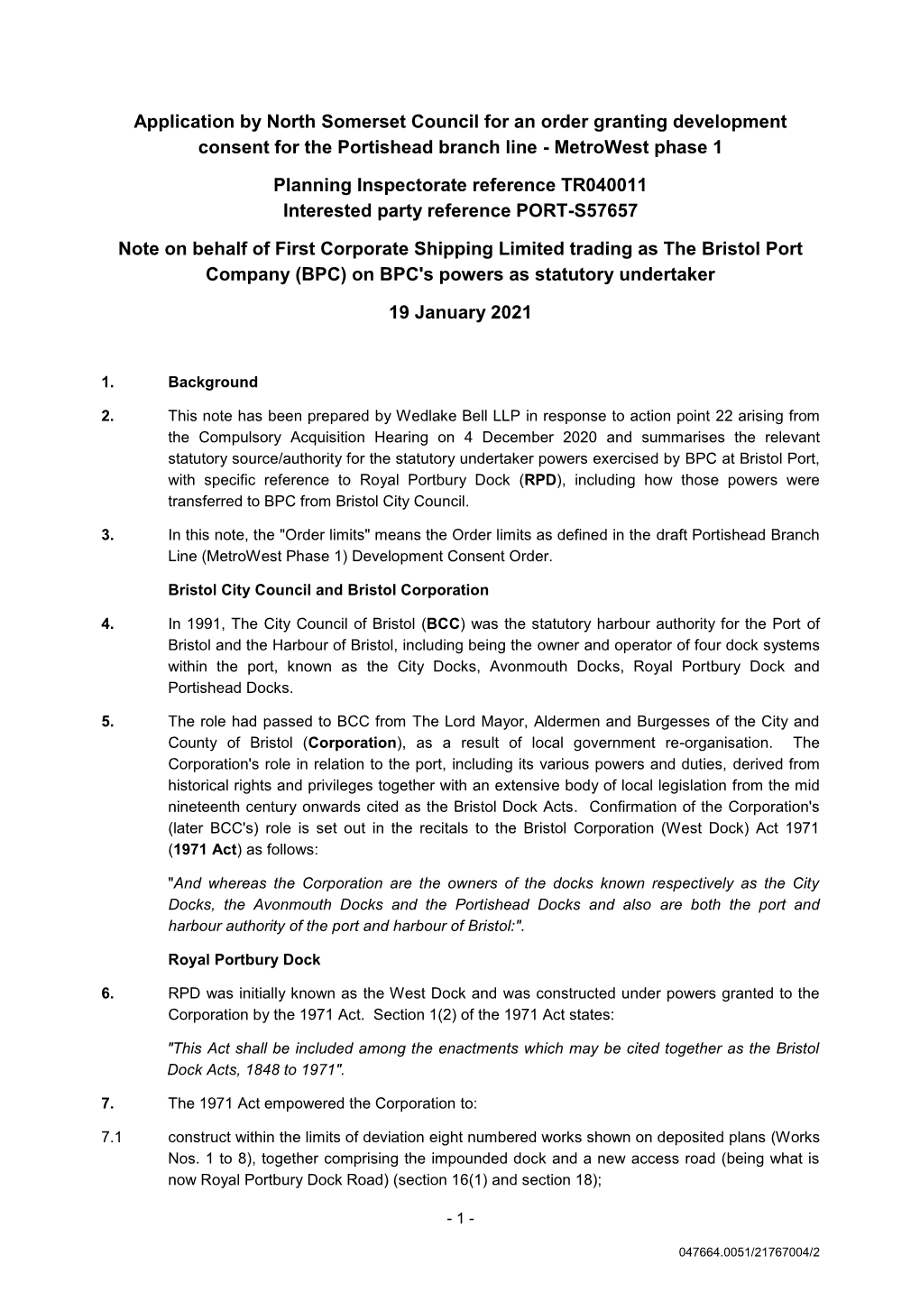 Application by North Somerset Council for an Order Granting Development Consent for the Portishead Branch Line - Metrowest Phase 1