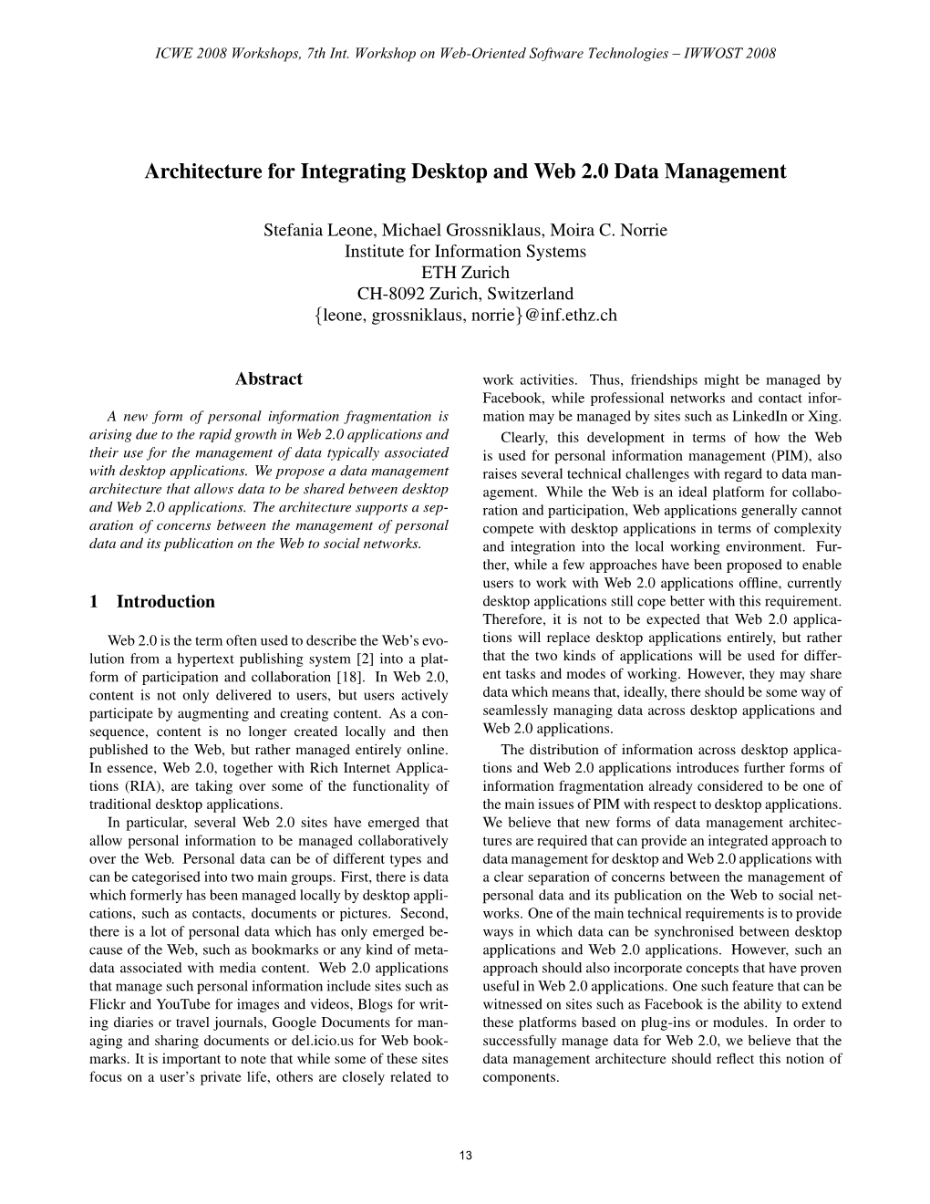 Architecture for Integrating Desktop and Web 2.0 Data Management