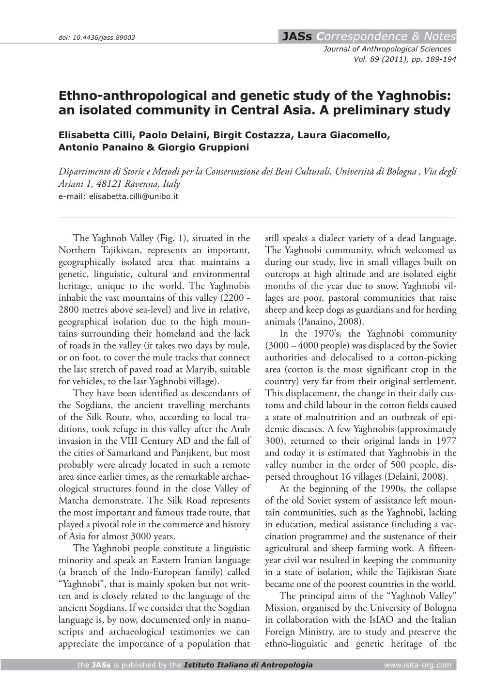 Ethno-Anthropological and Genetic Study of the Yaghnobis: an Isolated Community in Central Asia