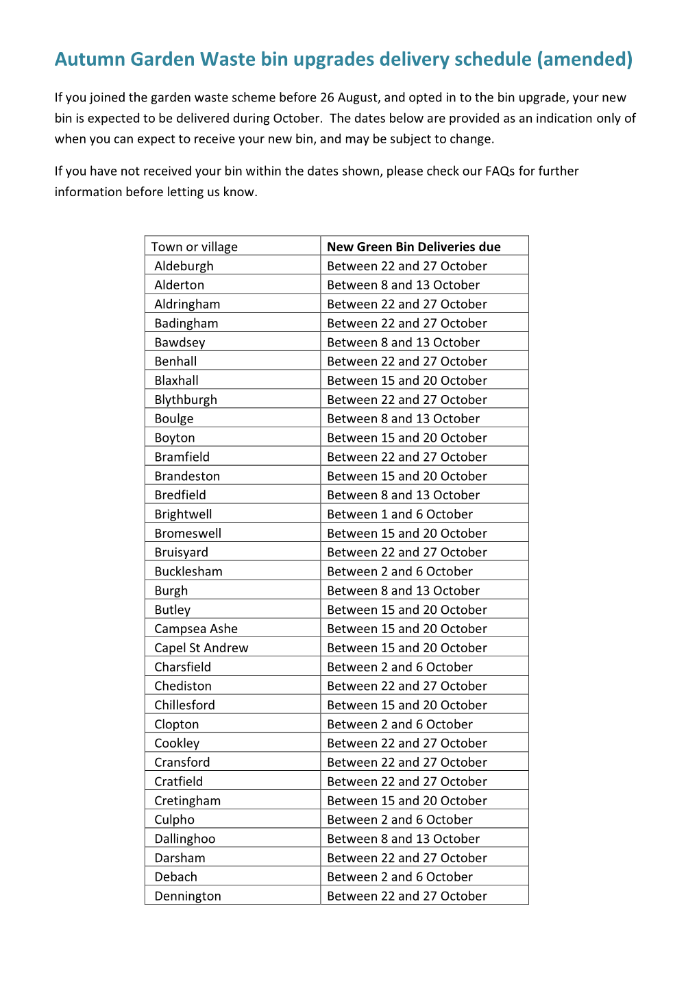 Autumn Garden Waste Bin Upgrades Delivery Schedule (Amended)