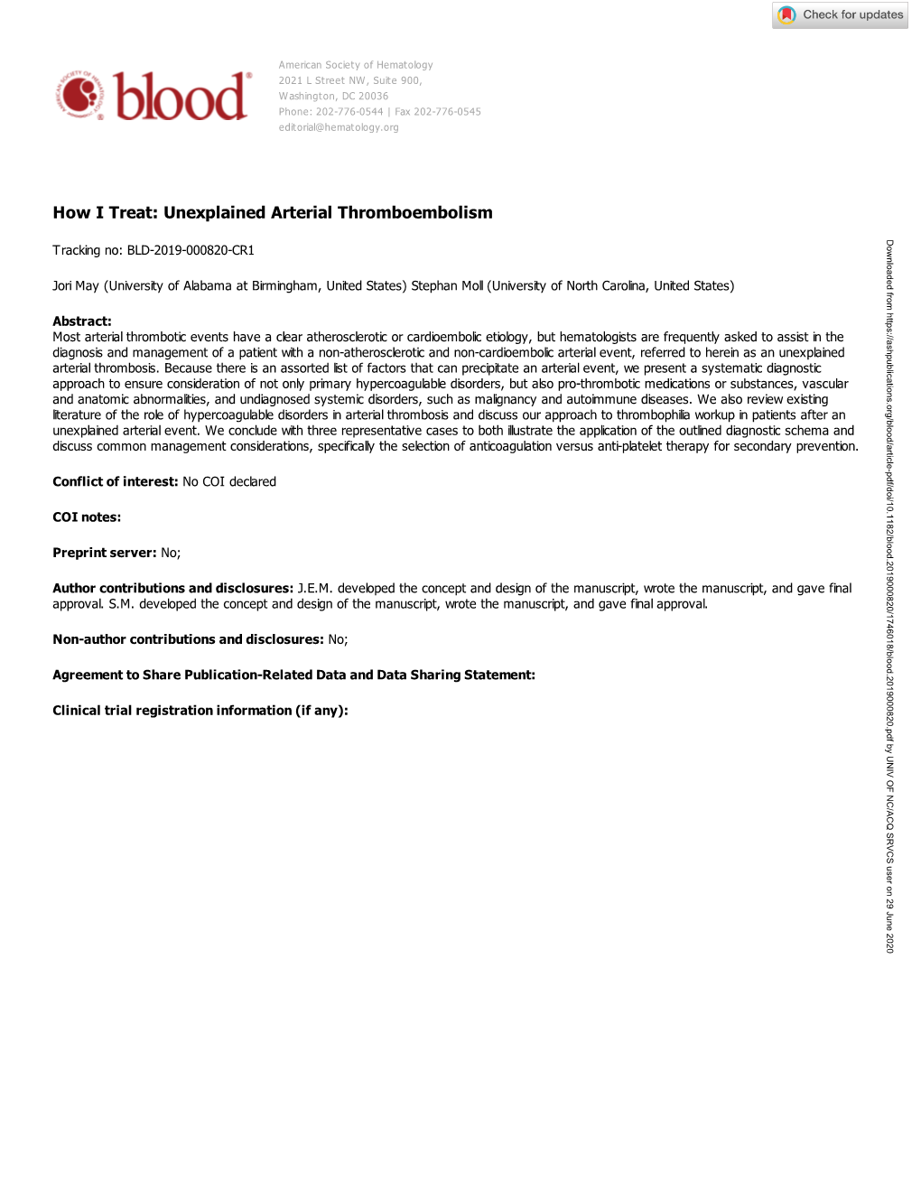 How I Treat: Unexplained Arterial Thromboembolism