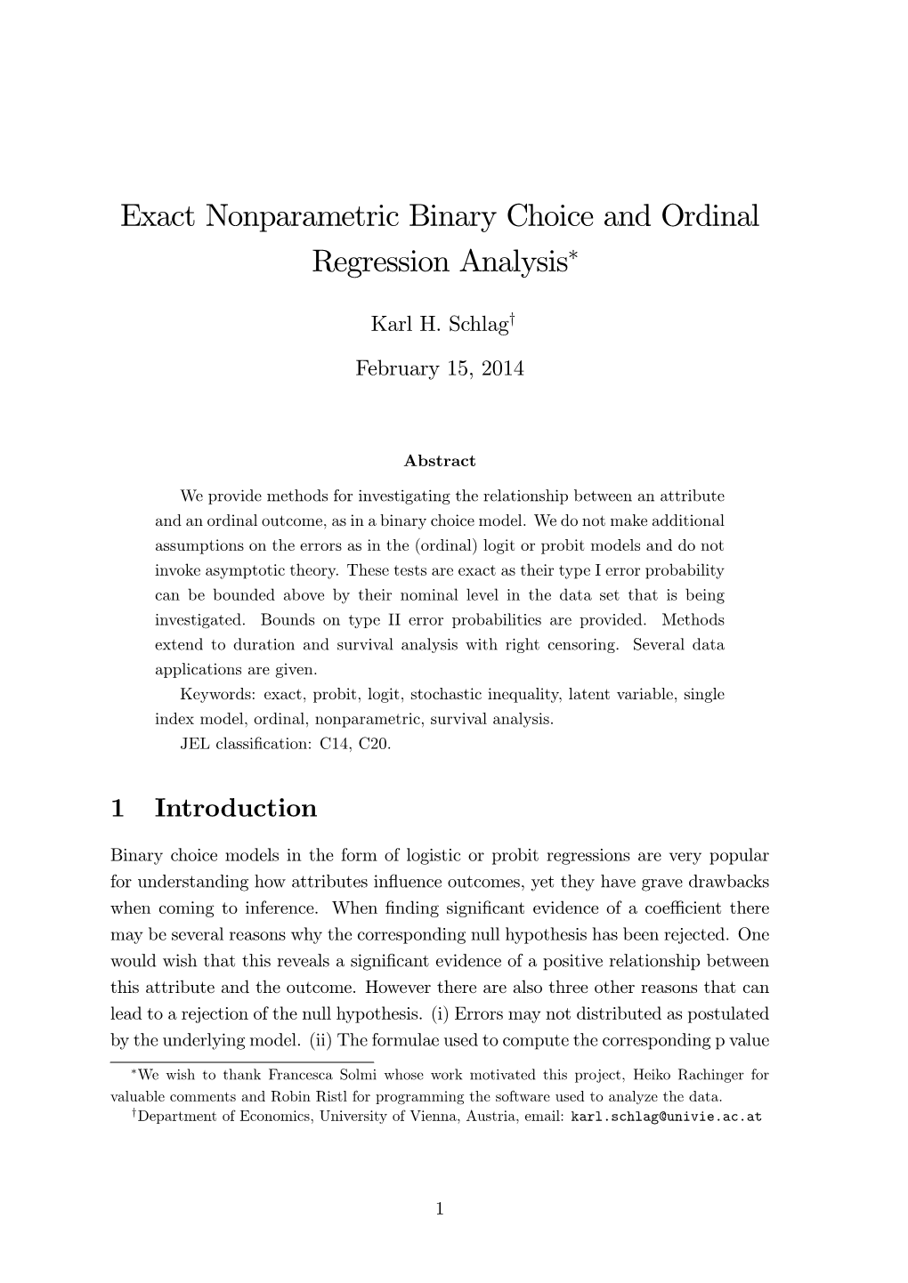 Exact Nonparametric Binary Choice and Ordinal Regression Analysis"