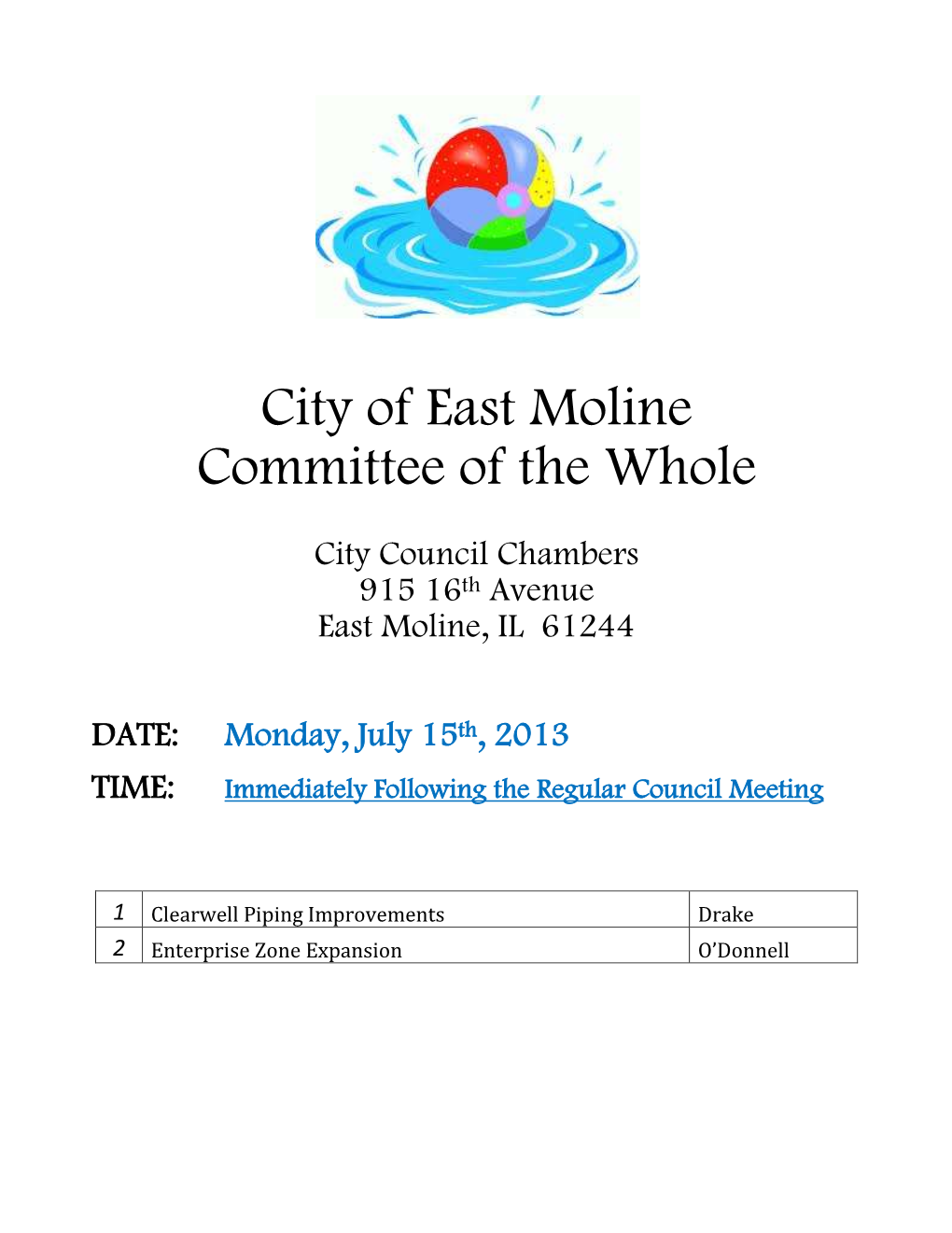 City of East Moline Committee of the Whole