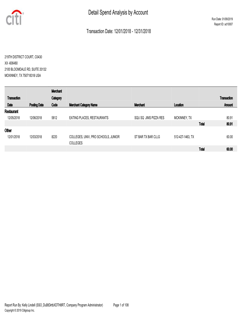 Detail Spend Analysis by Account Run Date: 01/09/2019 Report ID: Sd10007 Transaction Date: 12/01/2018 - 12/31/2018