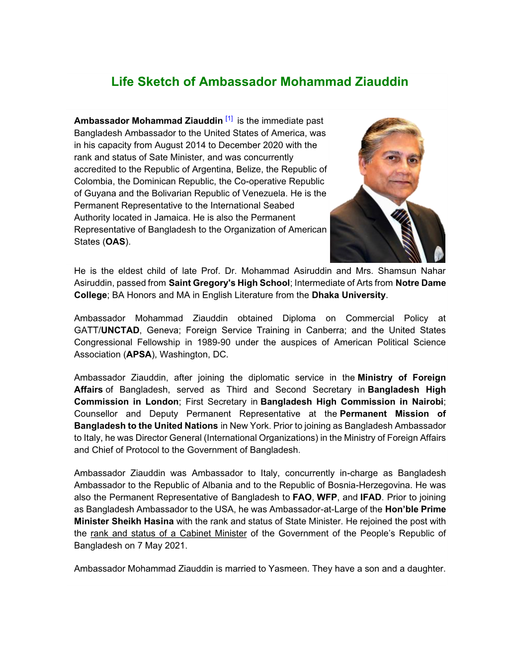 Ambassador Mohammad Ziauddin