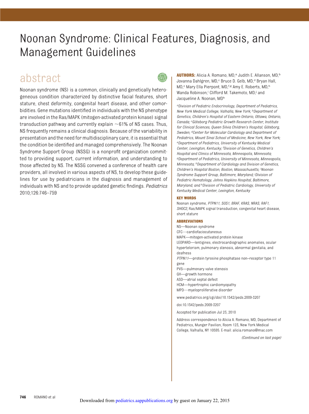 Noonan Syndrome: Clinical Features, Diagnosis, and Management Guidelines