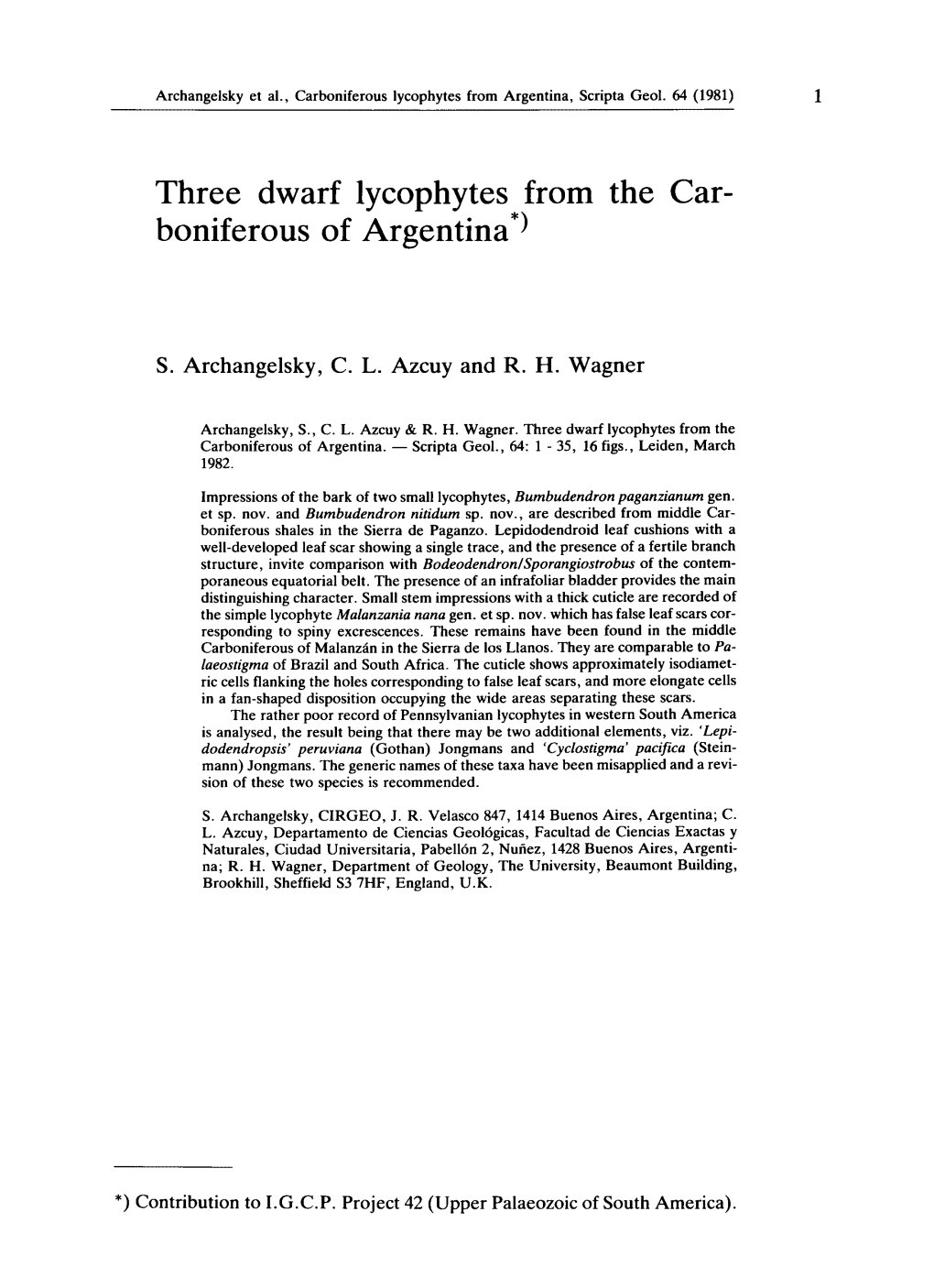 Three Dwarf Lycophytes from the Car- Boniferous of Argentina*)